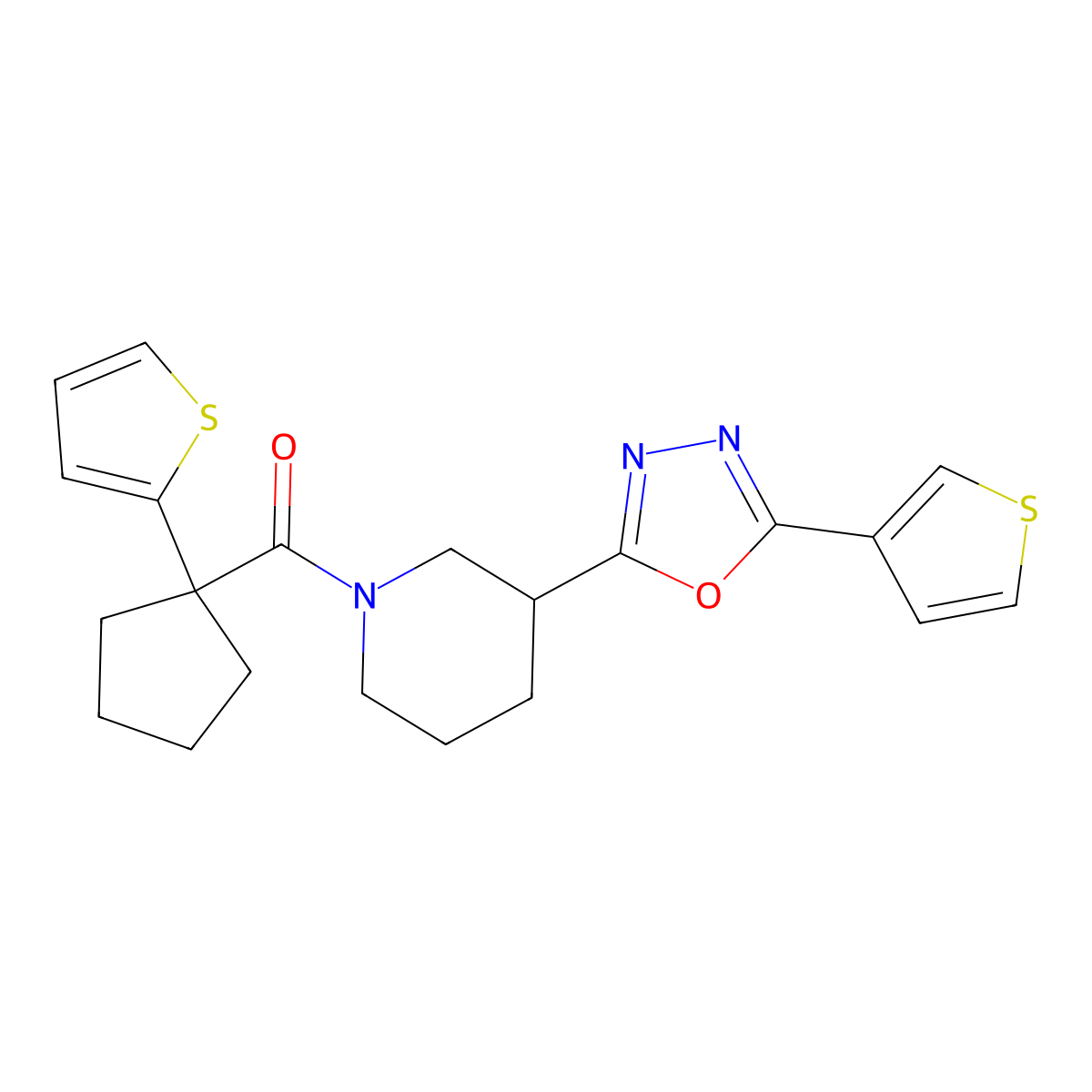 (1-(Thiophen-2-yl)cyclopentyl)(3-(5-(thiophen-3-yl)-1,3,4-oxadiazol-2-yl)piperidin-1-yl)methanone molecular structure, CAS 1797536-81-2