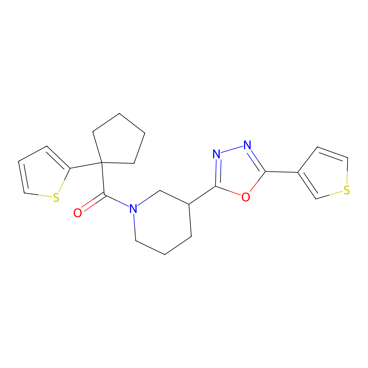 (1-(Thiophen-2-yl)cyclopentyl)(3-(5-(thiophen-3-yl)-1,3,4-oxadiazol-2-yl)piperidin-1-yl)methanone molecular structure, CAS 1797536-81-2