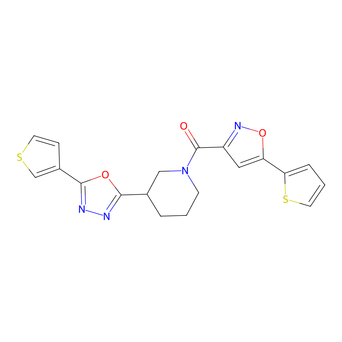 (5-(Thiophen-2-yl)isoxazol-3-yl)(3-(5-(thiophen-3-yl)-1,3,4-oxadiazol-2-yl)piperidin-1-yl)methanone molecular structure, CAS 1797536-88-9