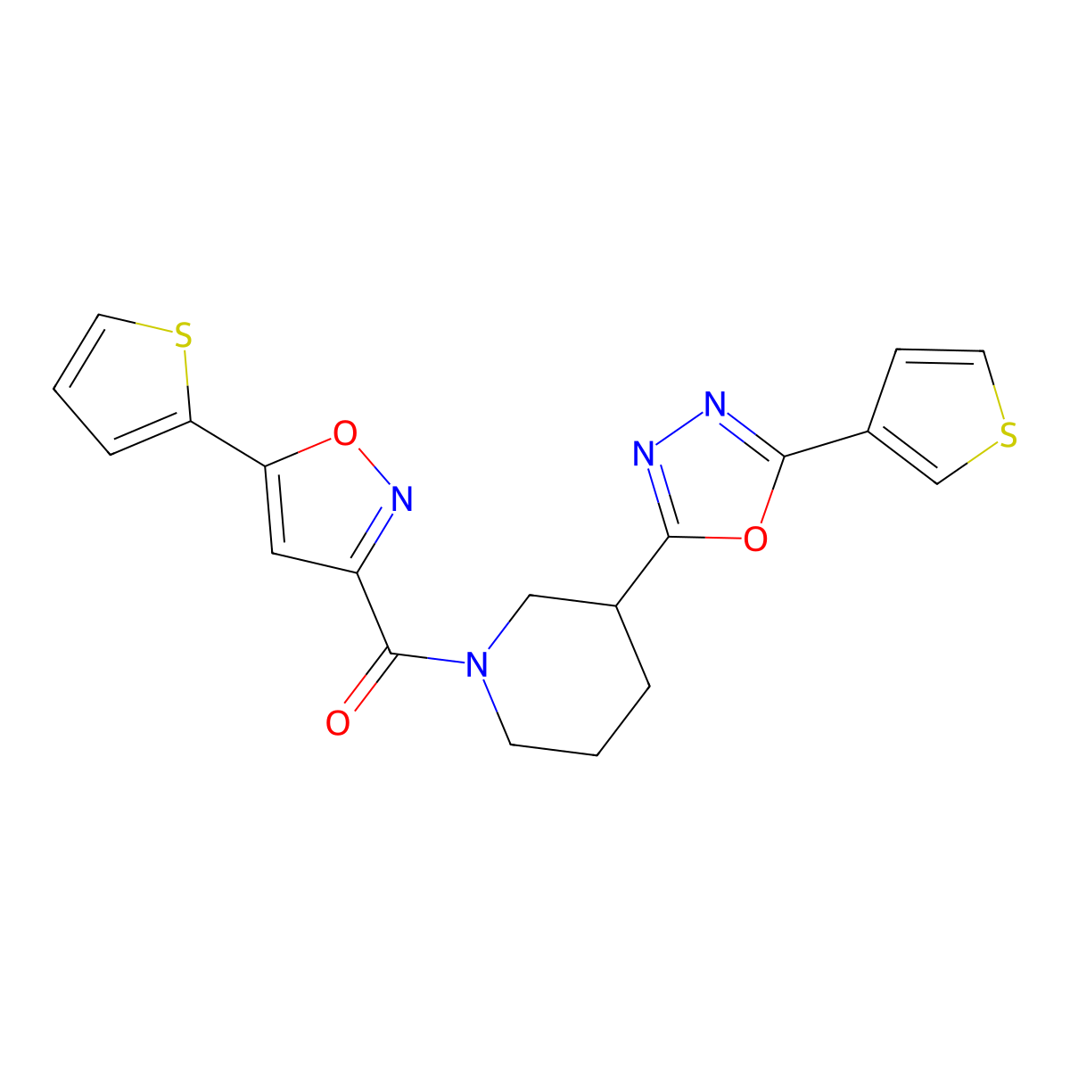 (5-(Thiophen-2-yl)isoxazol-3-yl)(3-(5-(thiophen-3-yl)-1,3,4-oxadiazol-2-yl)piperidin-1-yl)methanone molecular structure, CAS 1797536-88-9