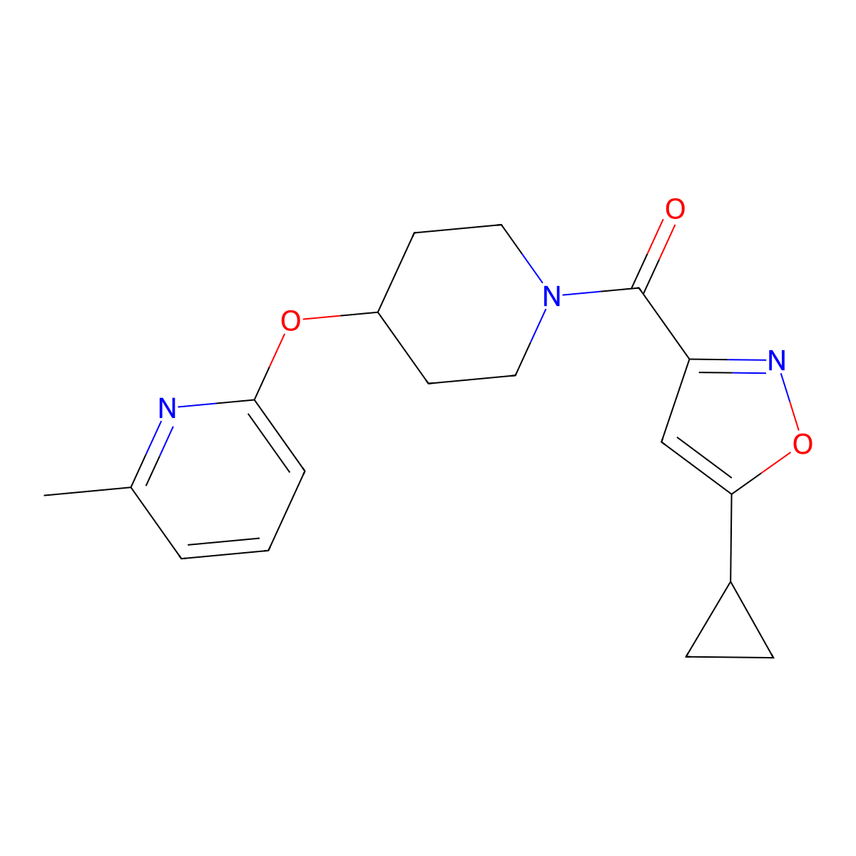 (5-Cyclopropylisoxazol-3-yl)(4-((6-methylpyridin-2-yl)oxy)piperidin-1-yl)methanone molecular structure, CAS 1797537-35-9