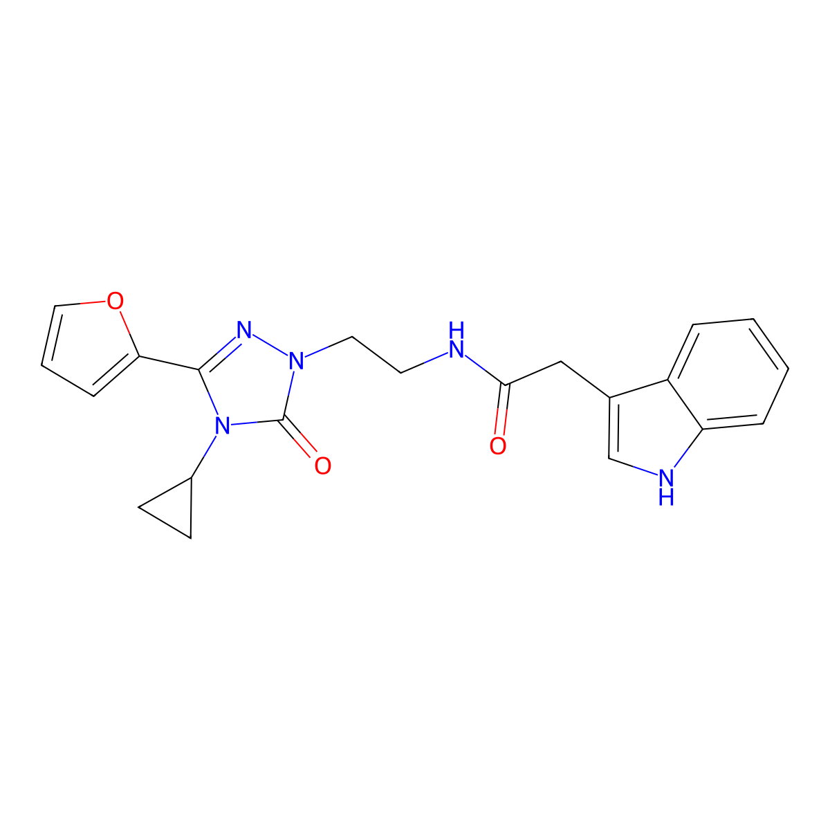 N-{2-[4-cyclopropyl-3-(furan-2-yl)-5-oxo-4,5-dihydro-1H-1,2,4-triazol-1-yl]ethyl}-2-(1H-indol-3-yl)acetamide molecular structure, CAS 1797544-43-4