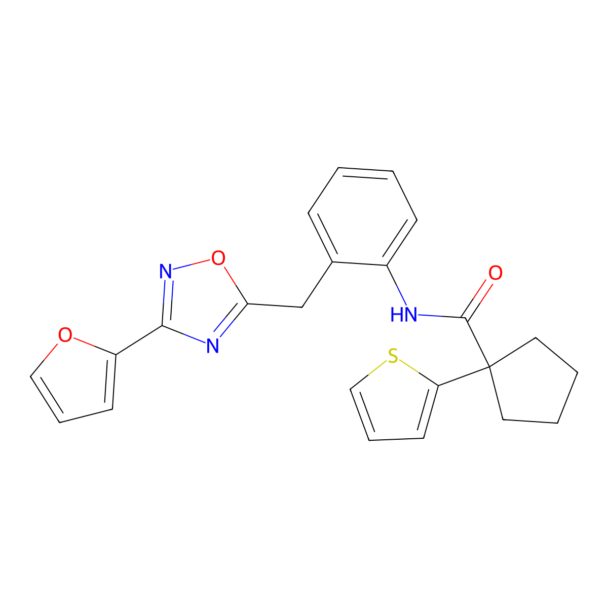 N-(2-((3-(furan-2-yl)-1,2,4-oxadiazol-5-yl)methyl)phenyl)-1-(thiophen-2-yl)cyclopentanecarboxamide molecular structure, CAS 1797544-98-9