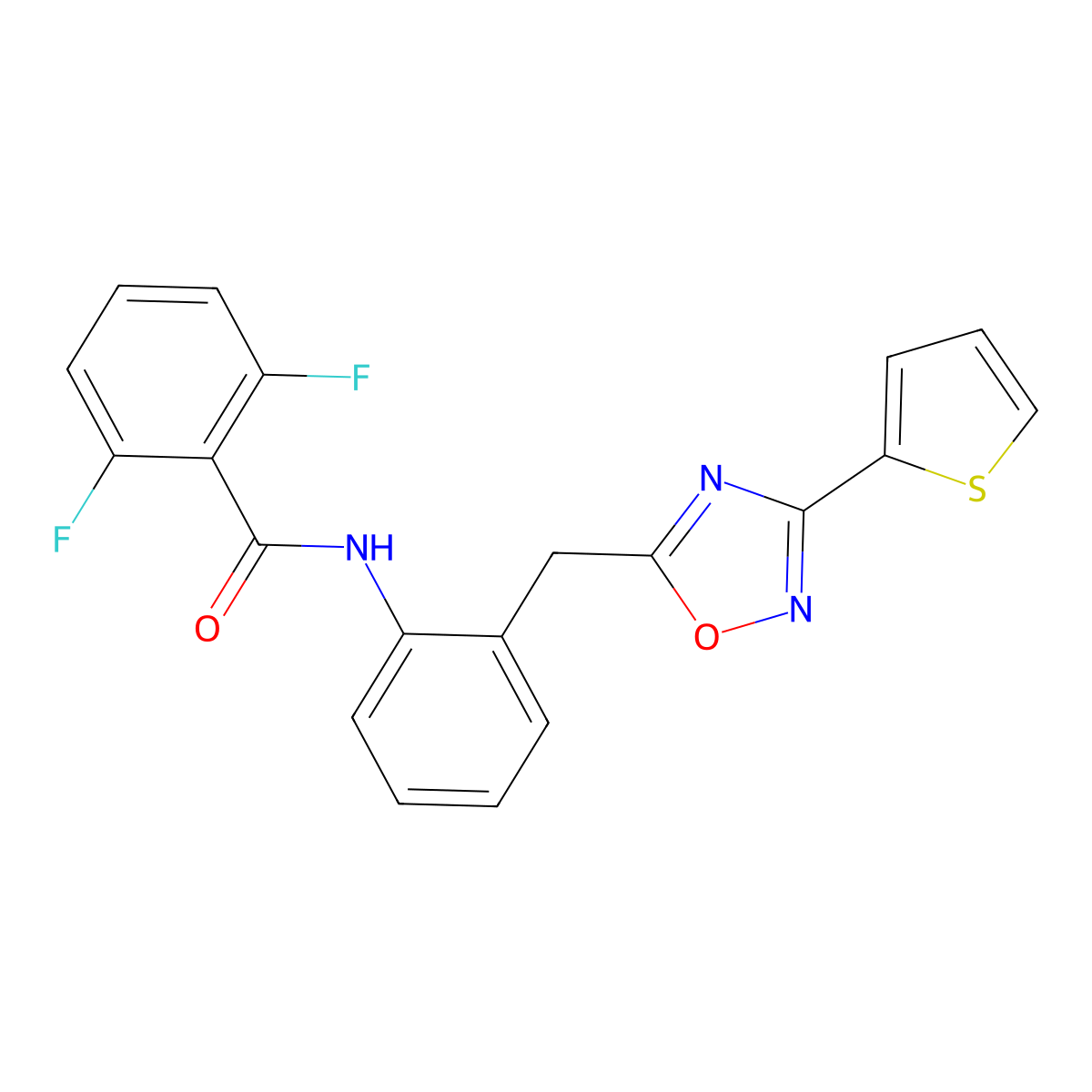 2,6-difluoro-N-(2-((3-(thiophen-2-yl)-1,2,4-oxadiazol-5-yl)methyl)phenyl)benzamide molecular structure, CAS 1797545-22-2