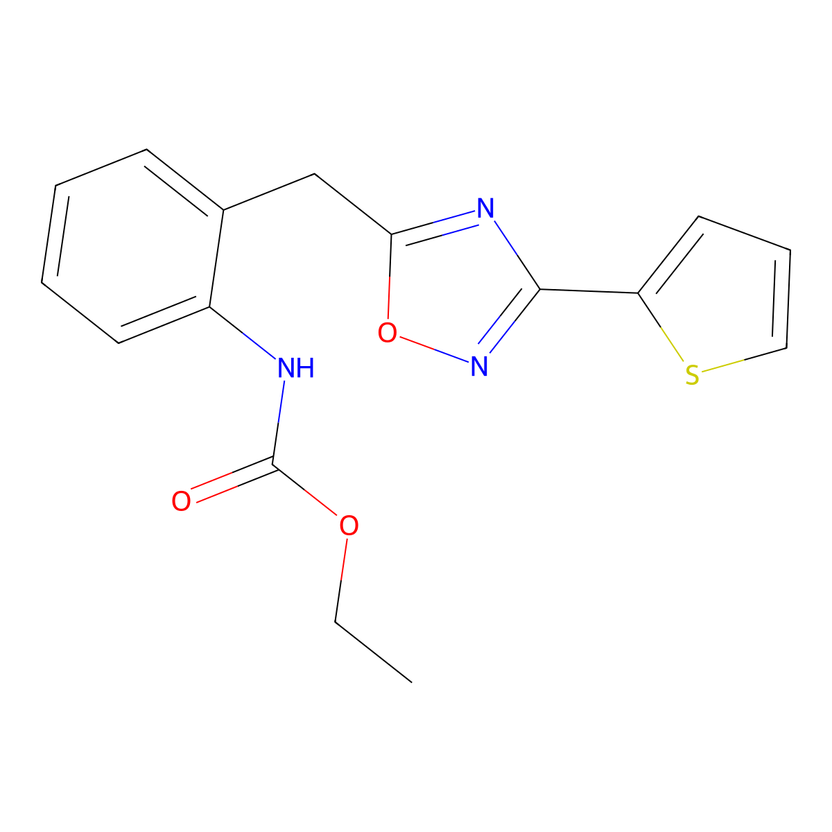 Ethyl (2-((3-(thiophen-2-yl)-1,2,4-oxadiazol-5-yl)methyl)phenyl)carbamate molecular structure, CAS 1797545-26-6
