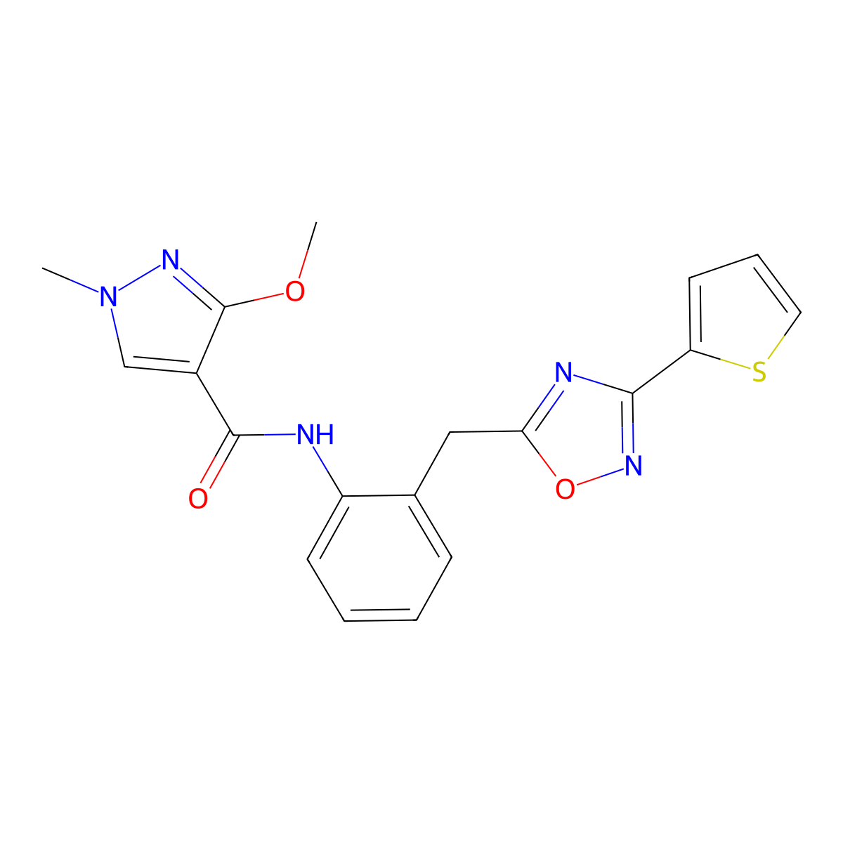 3-methoxy-1-methyl-N-(2-((3-(thiophen-2-yl)-1,2,4-oxadiazol-5-yl)methyl)phenyl)-1H-pyrazole-4-carboxamide molecular structure, CAS 1797545-37-9