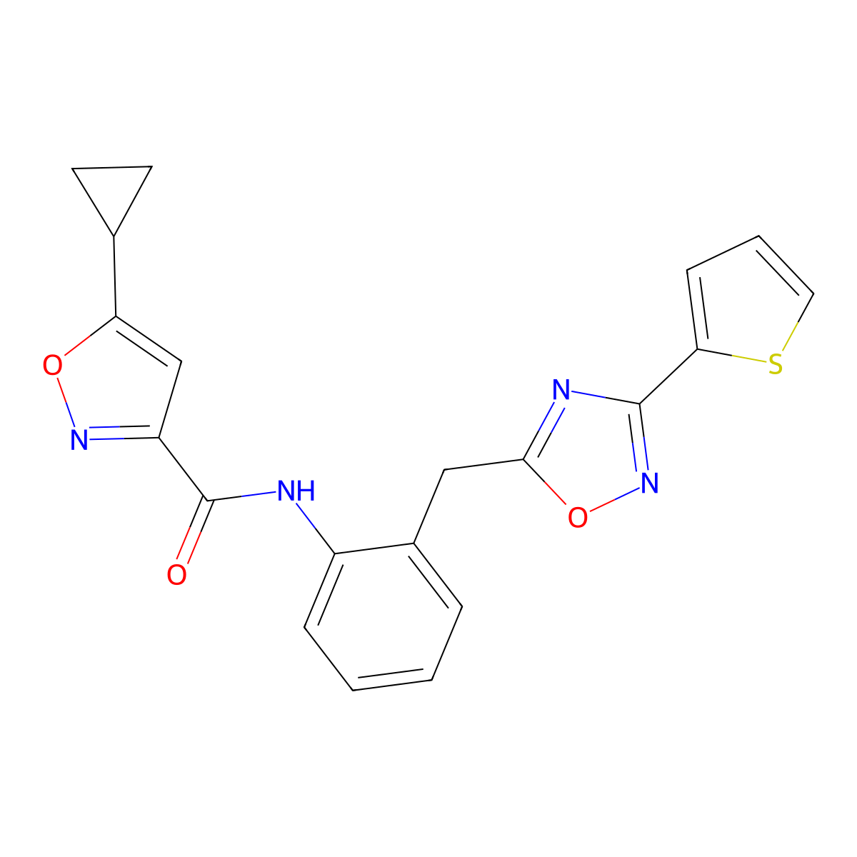 5-cyclopropyl-N-(2-((3-(thiophen-2-yl)-1,2,4-oxadiazol-5-yl)methyl)phenyl)isoxazole-3-carboxamide molecular structure, CAS 1797545-43-7