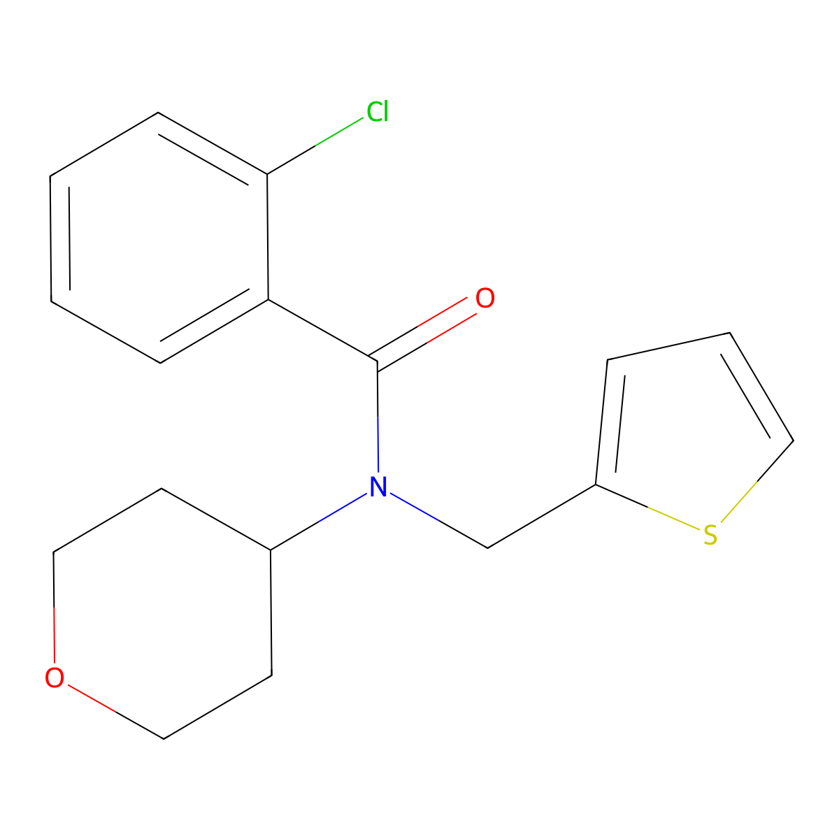 2-chloro-N-(tetrahydro-2H-pyran-4-yl)-N-(thiophen-2-ylmethyl)benzamide molecular structure, CAS 1797546-04-3