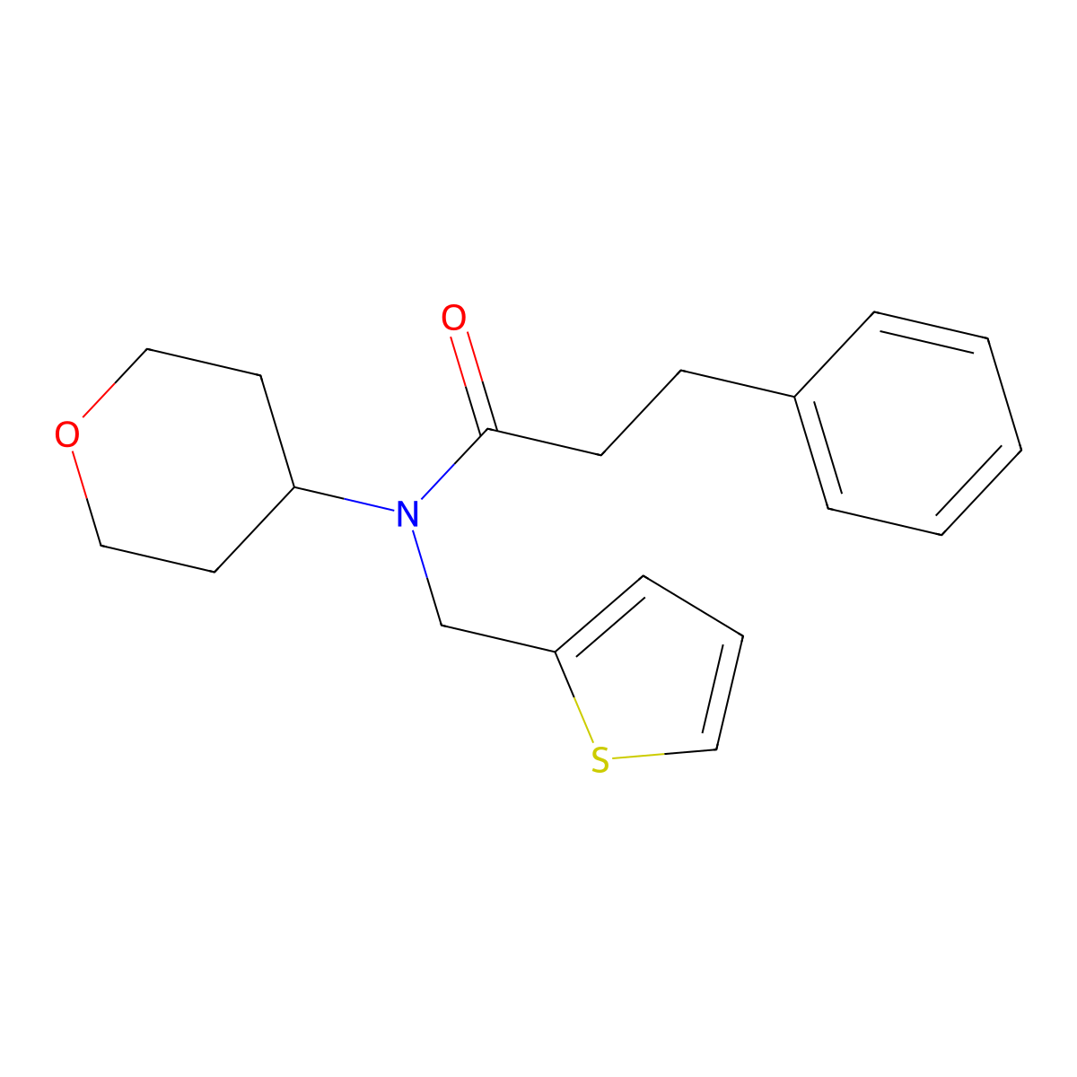 3-phenyl-N-(tetrahydro-2H-pyran-4-yl)-N-(thiophen-2-ylmethyl)propanamide molecular structure, CAS 1797546-11-2