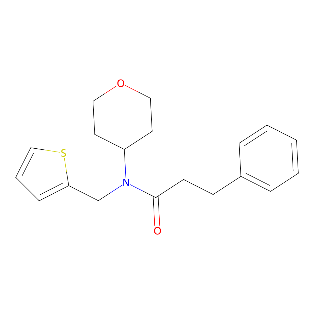 3-phenyl-N-(tetrahydro-2H-pyran-4-yl)-N-(thiophen-2-ylmethyl)propanamide molecular structure, CAS 1797546-11-2