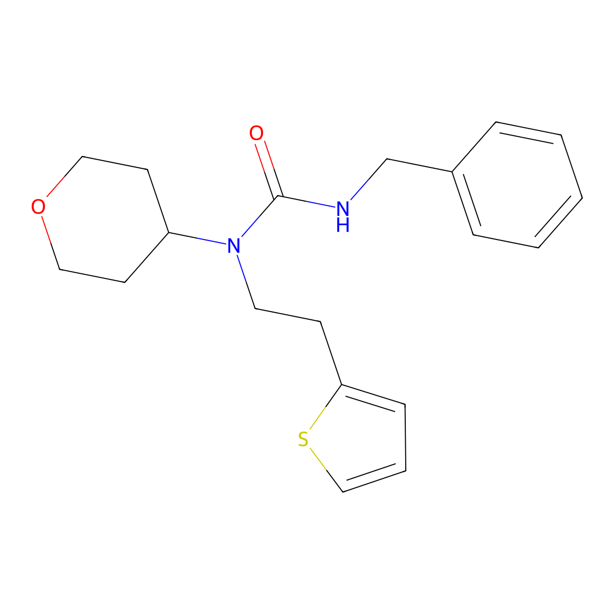 3-benzyl-1-(tetrahydro-2H-pyran-4-yl)-1-(2-(thiophen-2-yl)ethyl)urea molecular structure, CAS 1797546-44-1