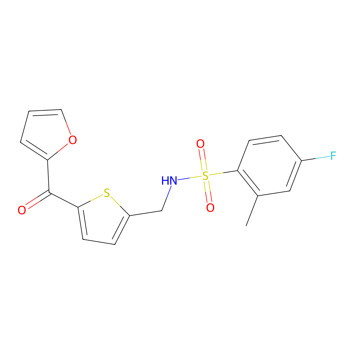 4-fluoro-N-((5-(furan-2-carbonyl)thiophen-2-yl)methyl)-2-methylbenzenesulfonamide molecular structure, CAS 1797547-12-6