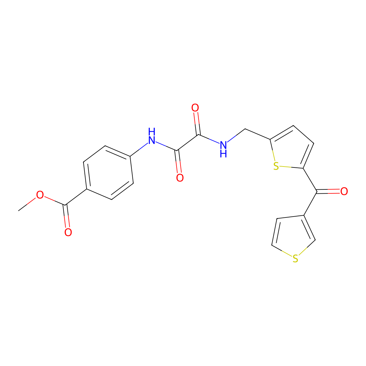 Methyl 4-(2-oxo-2-(((5-(thiophene-3-carbonyl)thiophen-2-yl)methyl)amino)acetamido)benzoate molecular structure, CAS 1797547-81-9