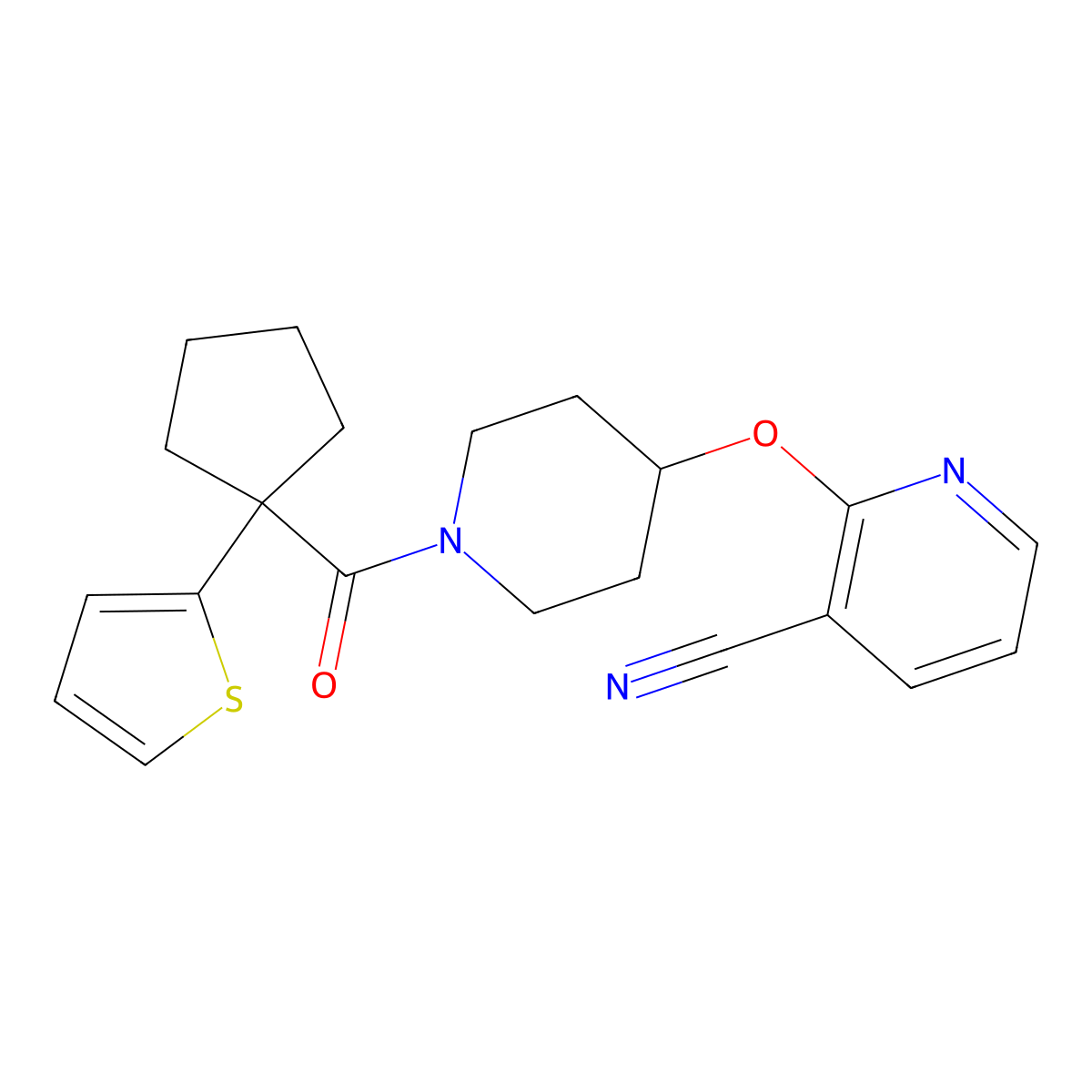 2-((1-(1-(Thiophen-2-yl)cyclopentanecarbonyl)piperidin-4-yl)oxy)nicotinonitrile molecular structure, CAS 1797549-91-7