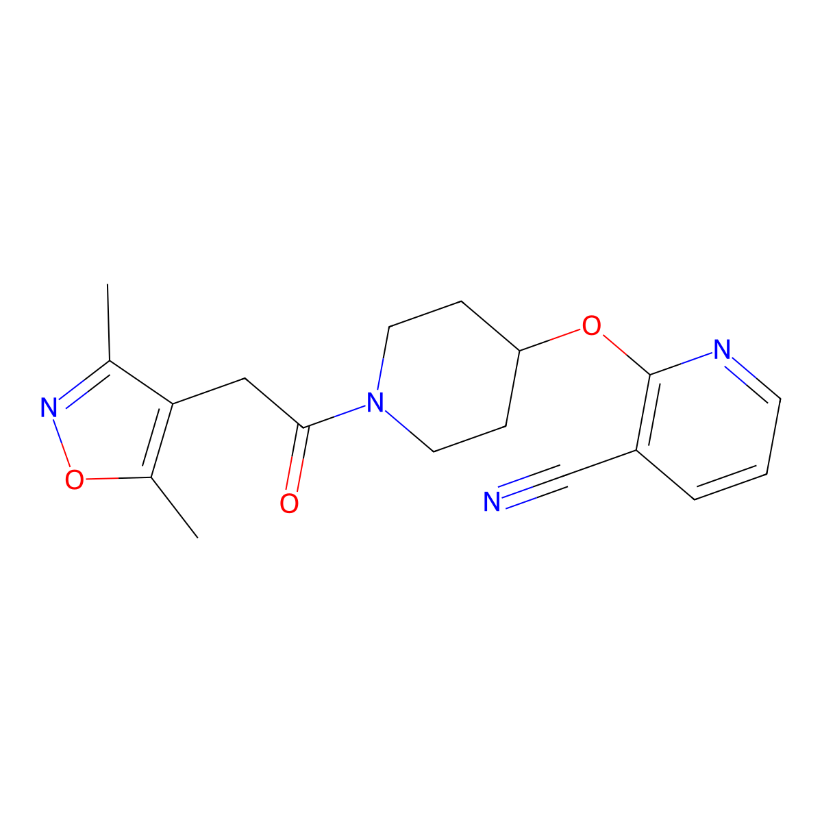 2-((1-(2-(3,5-Dimethylisoxazol-4-yl)acetyl)piperidin-4-yl)oxy)nicotinonitrile molecular structure, CAS 1797550-01-6