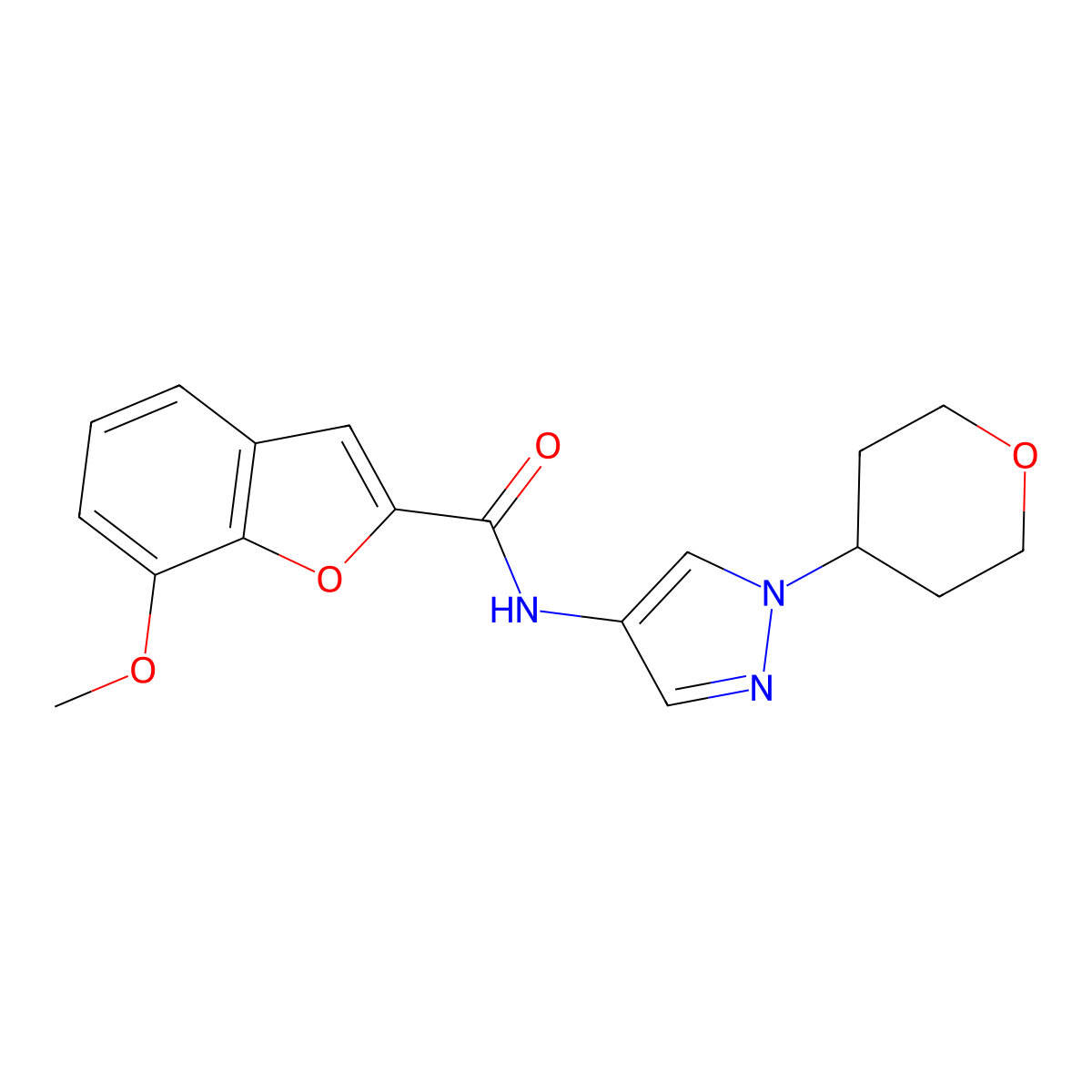 7-methoxy-N-(1-(tetrahydro-2H-pyran-4-yl)-1H-pyrazol-4-yl)benzofuran-2-carboxamide molecular structure, CAS 1797551-44-0