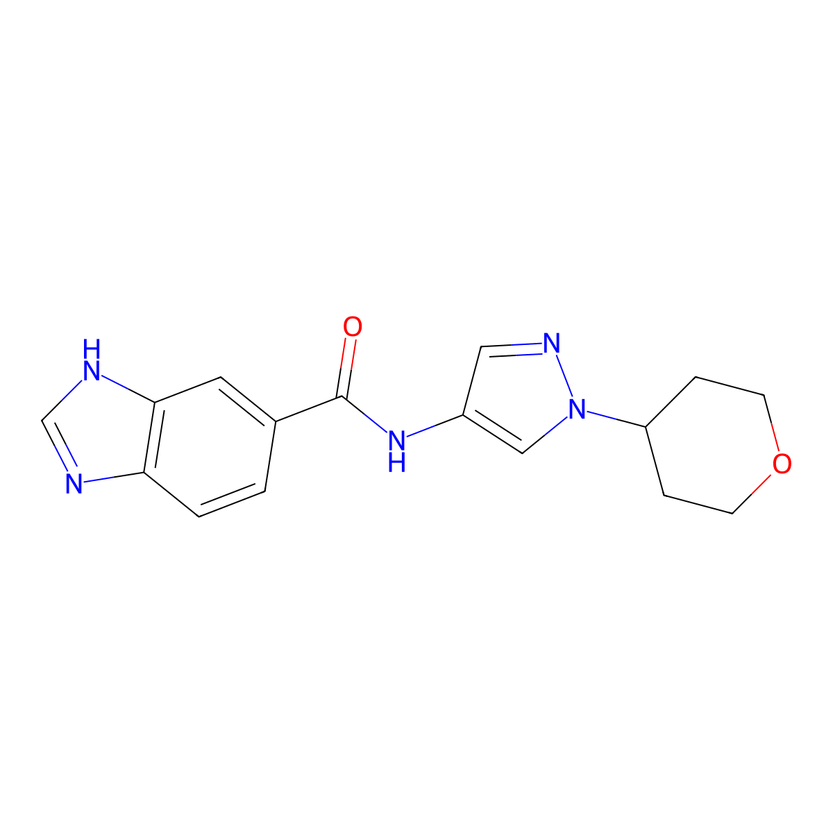 N-(1-(tetrahydro-2H-pyran-4-yl)-1H-pyrazol-4-yl)-1H-benzo[d]imidazole-5-carboxamide molecular structure, CAS 1797551-51-9
