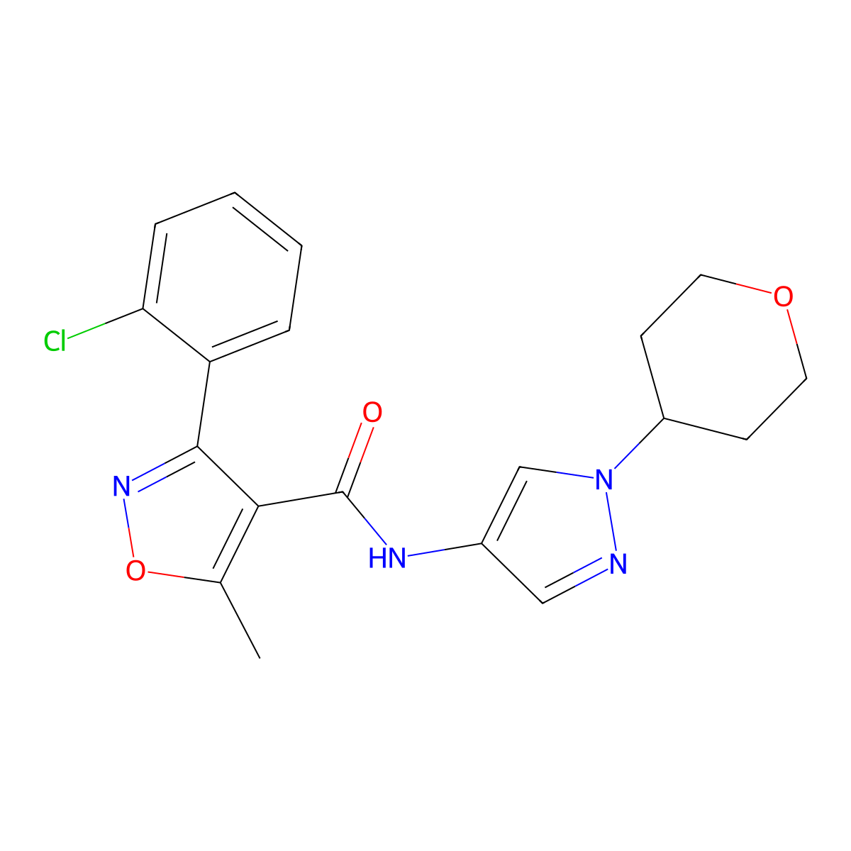 3-(2-chlorophenyl)-5-methyl-N-(1-(tetrahydro-2H-pyran-4-yl)-1H-pyrazol-4-yl)isoxazole-4-carboxamide molecular structure, CAS 1797551-75-7