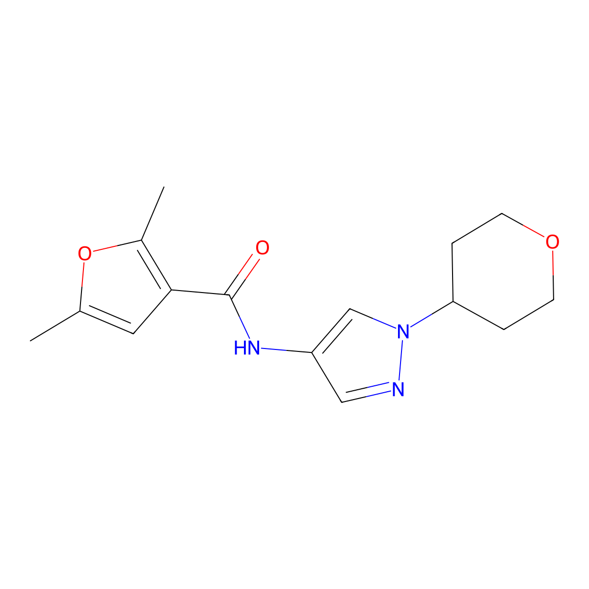 2,5-dimethyl-N-(1-(tetrahydro-2H-pyran-4-yl)-1H-pyrazol-4-yl)furan-3-carboxamide molecular structure, CAS 1797551-81-5