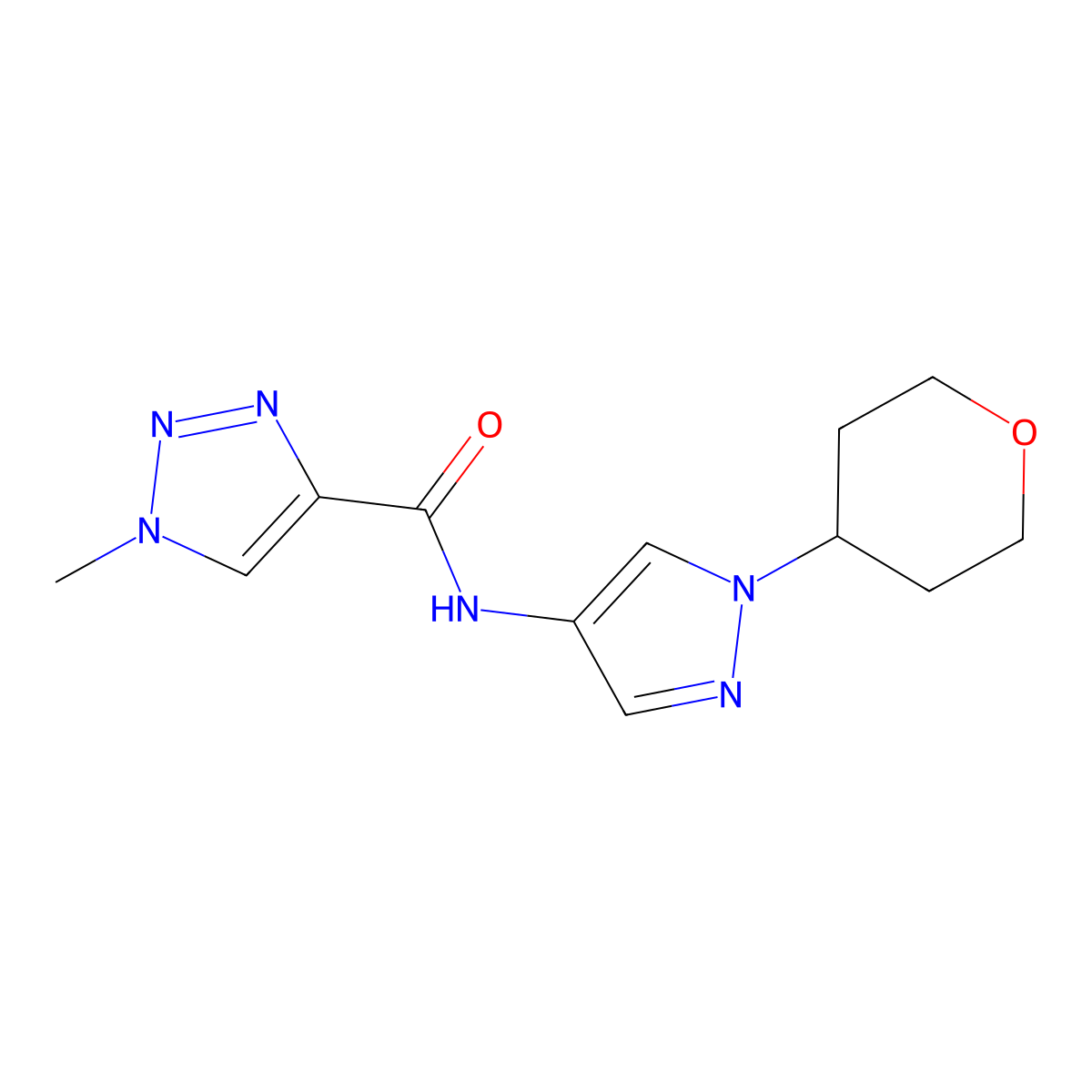 1-methyl-N-(1-(tetrahydro-2H-pyran-4-yl)-1H-pyrazol-4-yl)-1H-1,2,3-triazole-4-carboxamide molecular structure, CAS 1797551-96-2