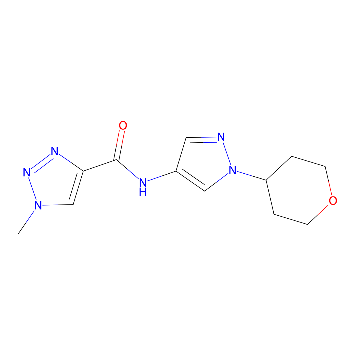 1-methyl-N-(1-(tetrahydro-2H-pyran-4-yl)-1H-pyrazol-4-yl)-1H-1,2,3-triazole-4-carboxamide molecular structure, CAS 1797551-96-2