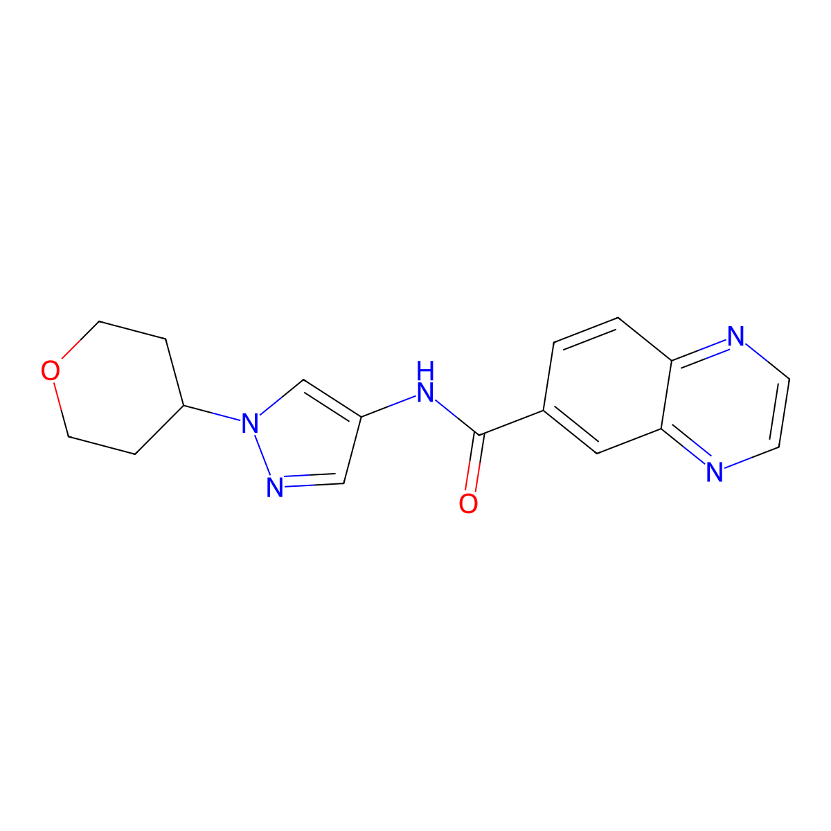 N-(1-(tetrahydro-2H-pyran-4-yl)-1H-pyrazol-4-yl)quinoxaline-6-carboxamide molecular structure, CAS 1797552-02-3