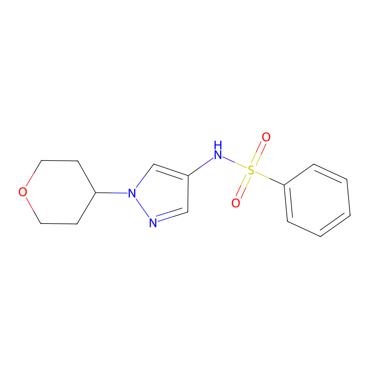 N-(1-(tetrahydro-2H-pyran-4-yl)-1H-pyrazol-4-yl)benzenesulfonamide molecular structure, CAS 1797552-32-9