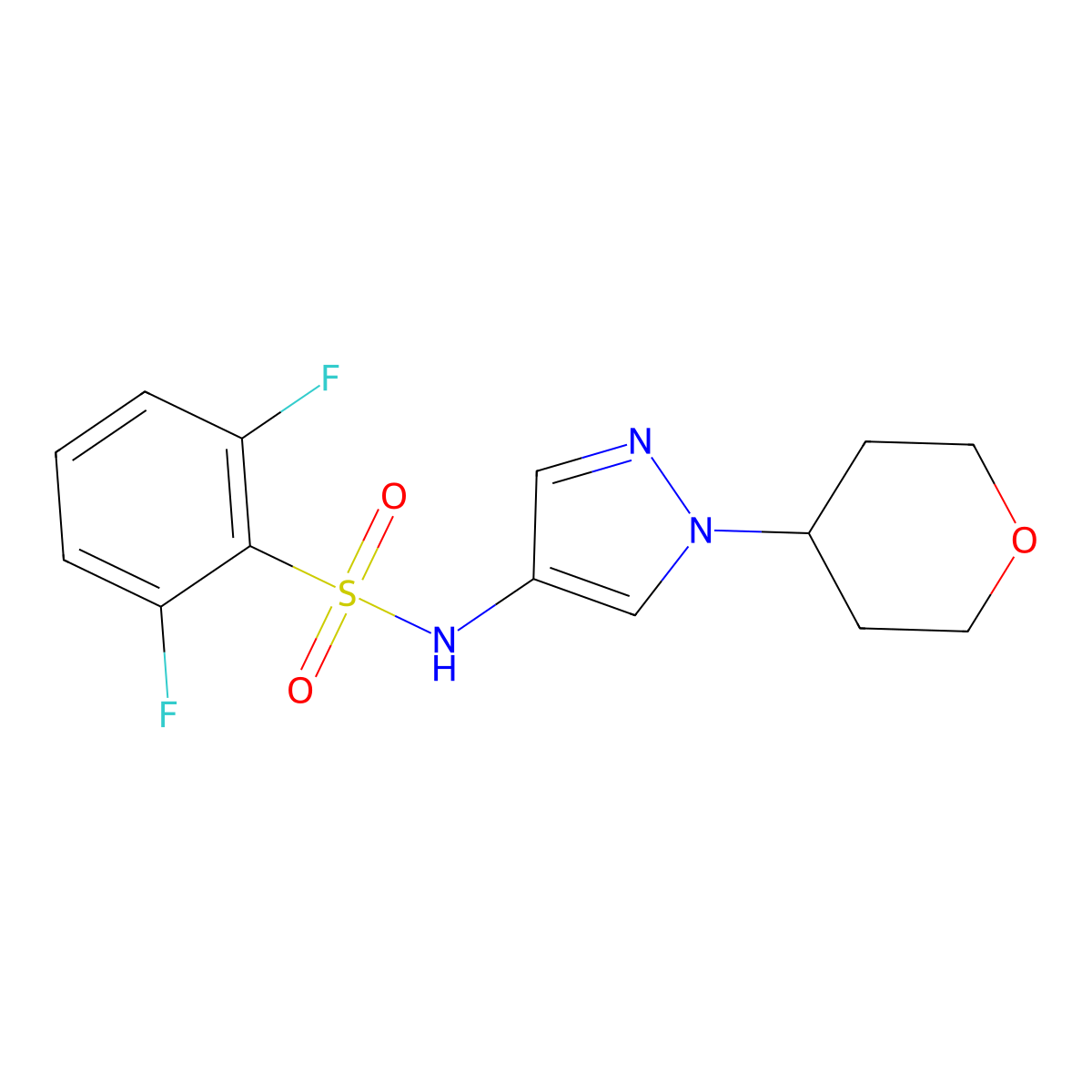2,6-difluoro-N-(1-(tetrahydro-2H-pyran-4-yl)-1H-pyrazol-4-yl)benzenesulfonamide molecular structure, CAS 1797552-62-5