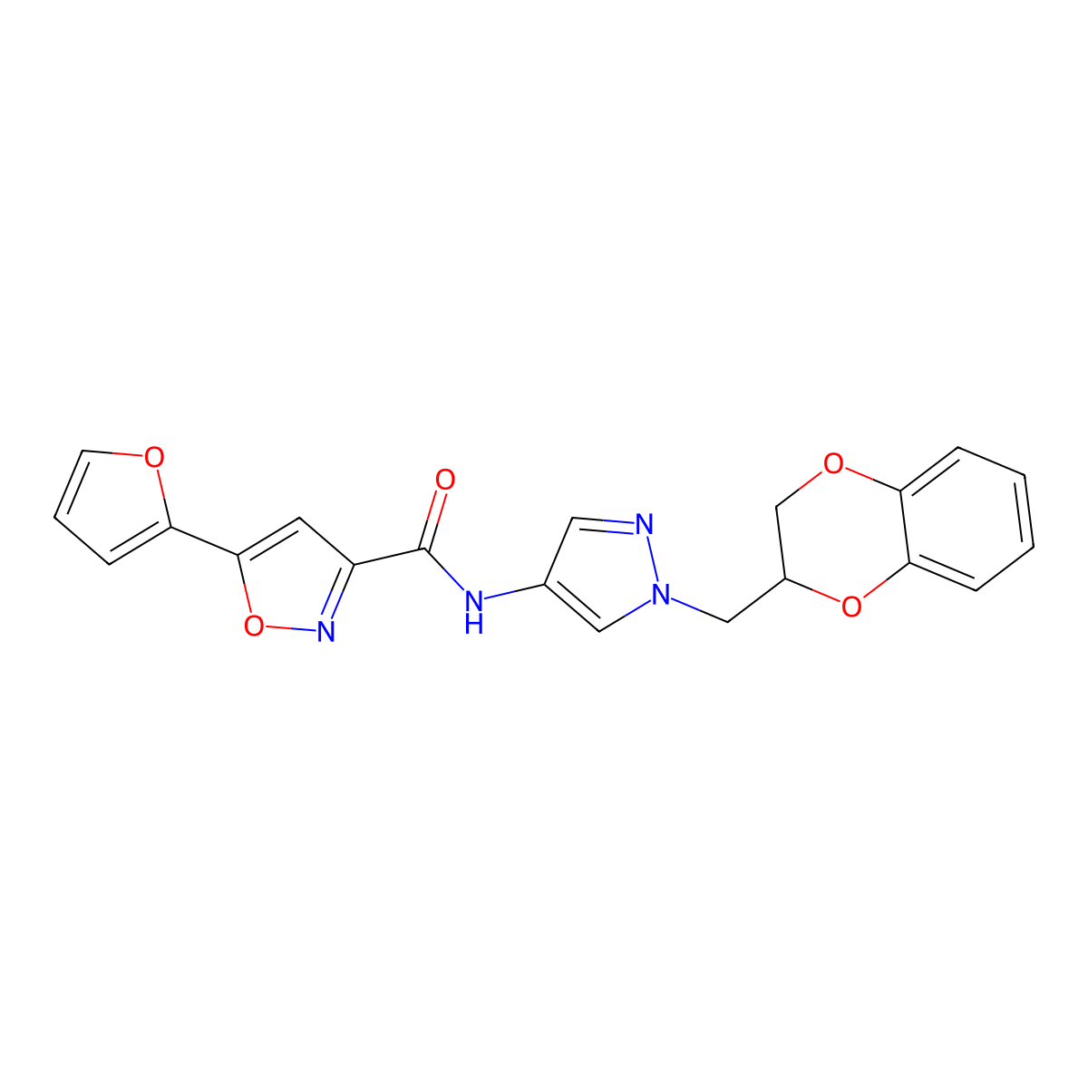 N-{1-[(2,3-dihydro-1,4-benzodioxin-2-yl)methyl]-1H-pyrazol-4-yl}-5-(furan-2-yl)-1,2-oxazole-3-carboxamide molecular structure, CAS 1797552-90-9