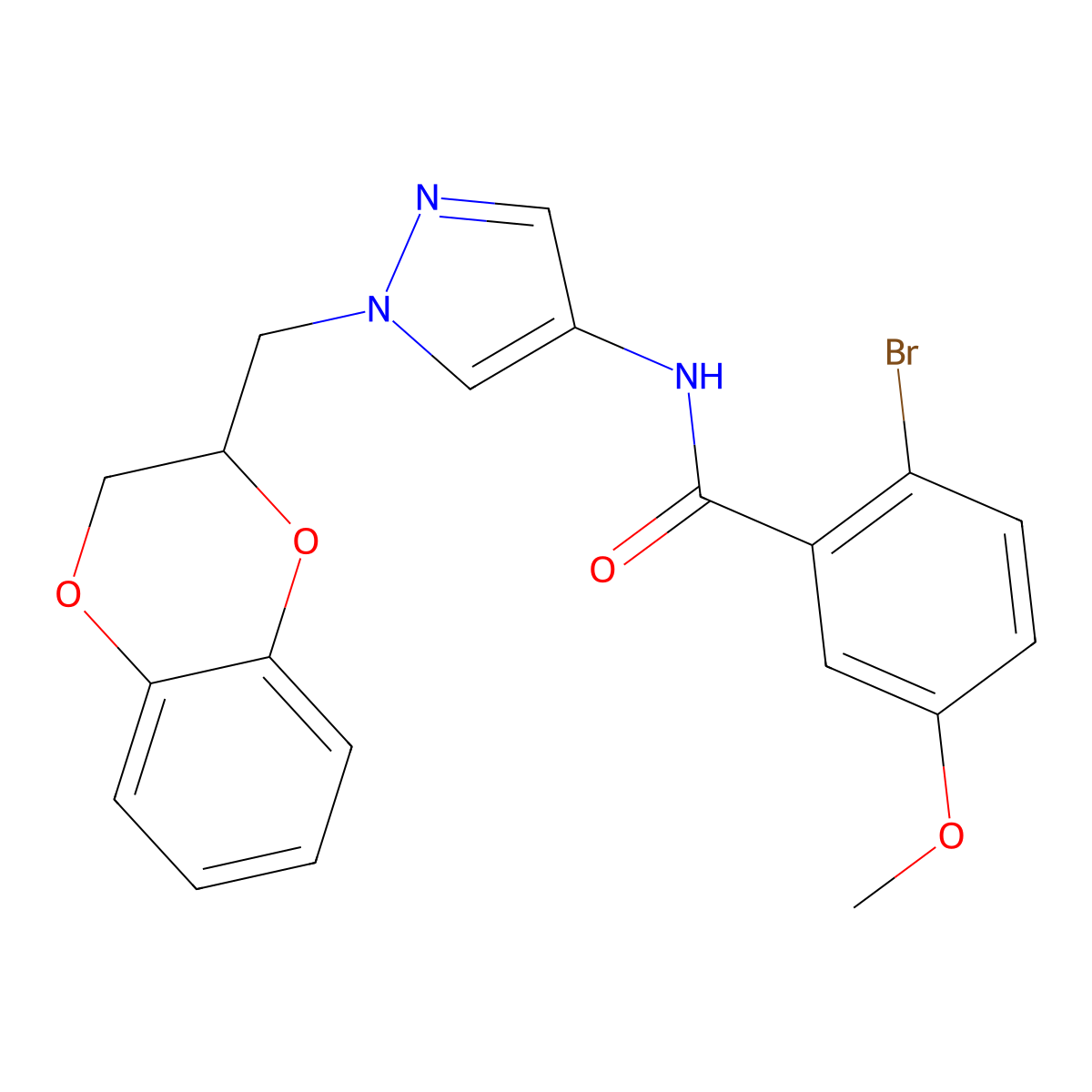 2-bromo-N-(1-((2,3-dihydrobenzo[b][1,4]dioxin-2-yl)methyl)-1H-pyrazol-4-yl)-5-methoxybenzamide molecular structure, CAS 1797552-98-7