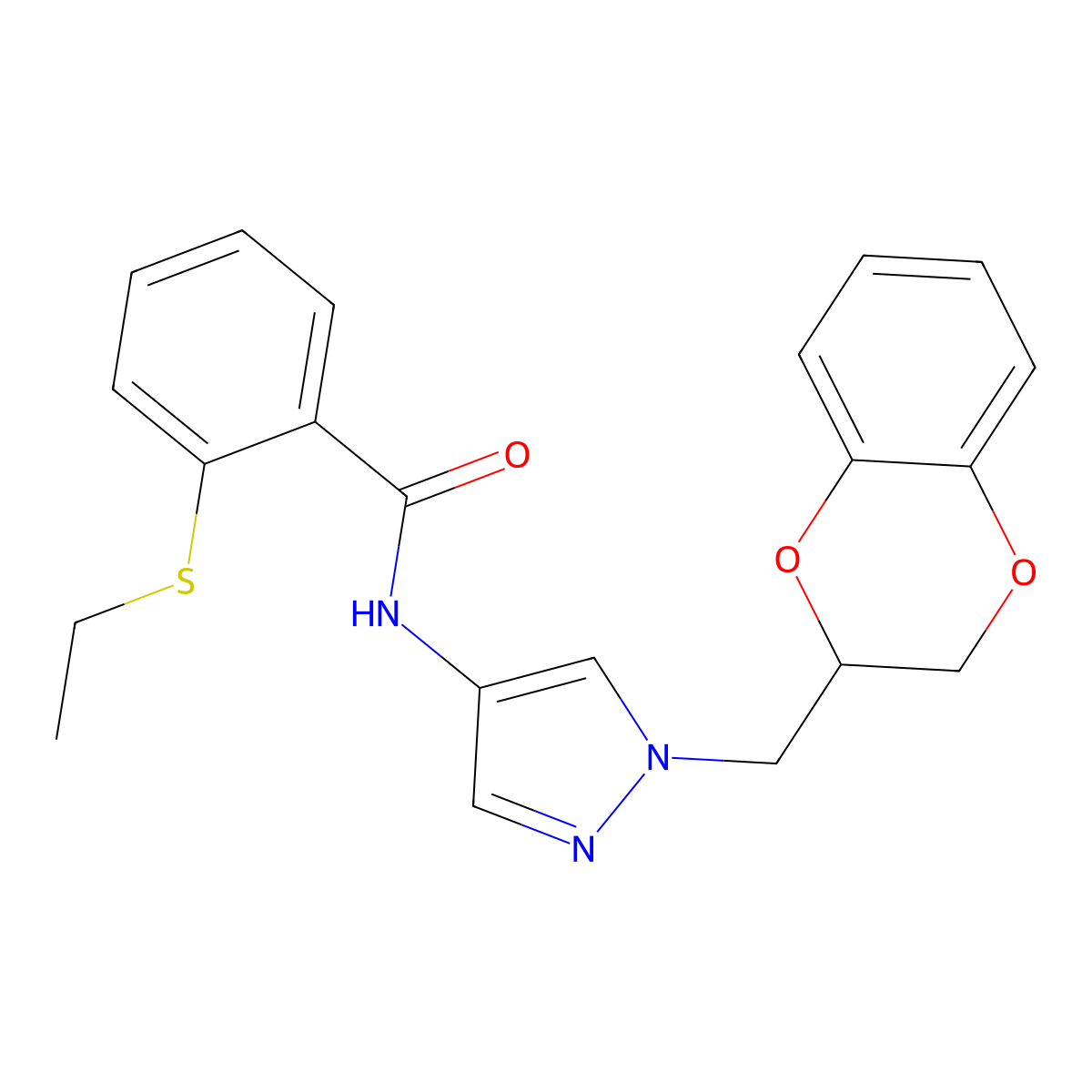 N-(1-((2,3-dihydrobenzo[b][1,4]dioxin-2-yl)methyl)-1H-pyrazol-4-yl)-2-(ethylthio)benzamide molecular structure, CAS 1797553-16-2