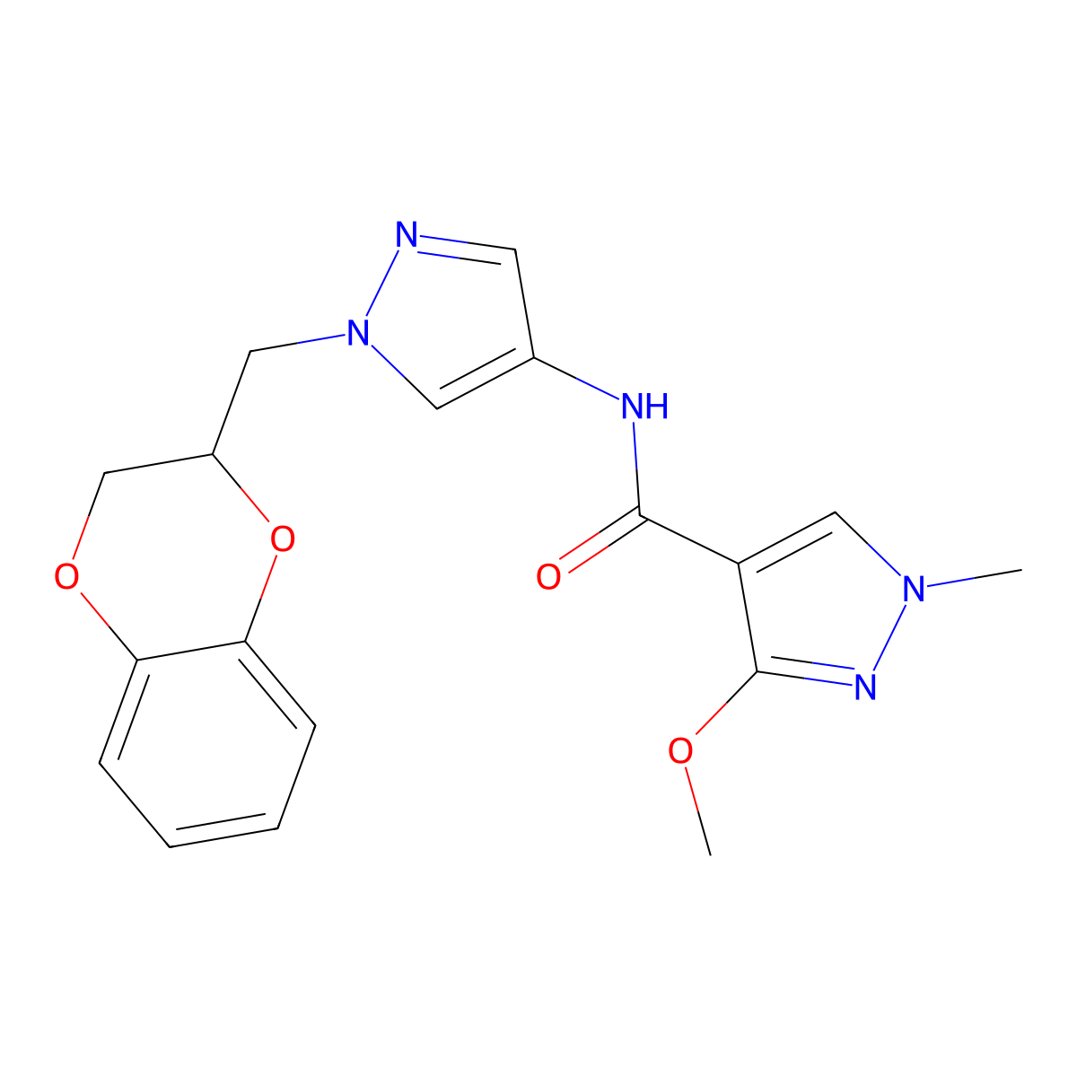 N-(1-((2,3-dihydrobenzo[b][1,4]dioxin-2-yl)methyl)-1H-pyrazol-4-yl)-3-methoxy-1-methyl-1H-pyrazole-4-carboxamide molecular structure, CAS 1797553-34-4