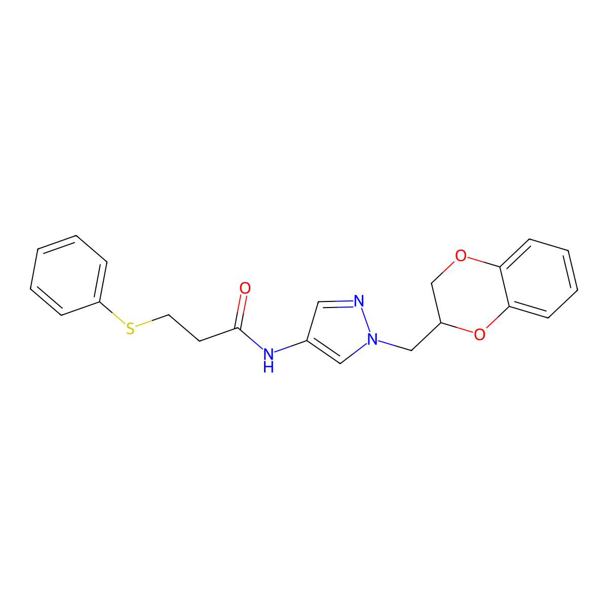 N-(1-((2,3-dihydrobenzo[b][1,4]dioxin-2-yl)methyl)-1H-pyrazol-4-yl)-3-(phenylthio)propanamide molecular structure, CAS 1797553-38-8