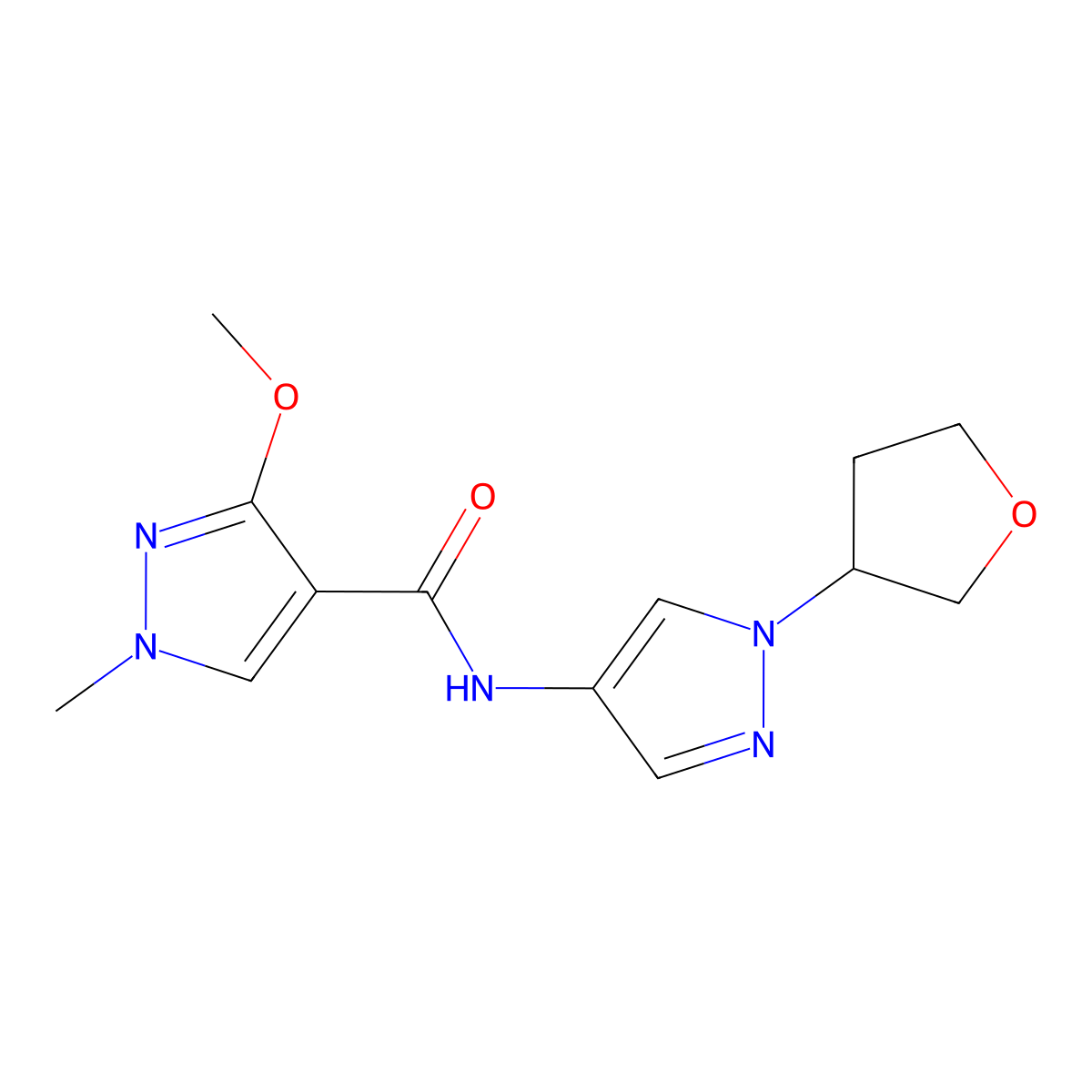 3-methoxy-1-methyl-N-(1-(tetrahydrofuran-3-yl)-1H-pyrazol-4-yl)-1H-pyrazole-4-carboxamide molecular structure, CAS 1797558-66-7