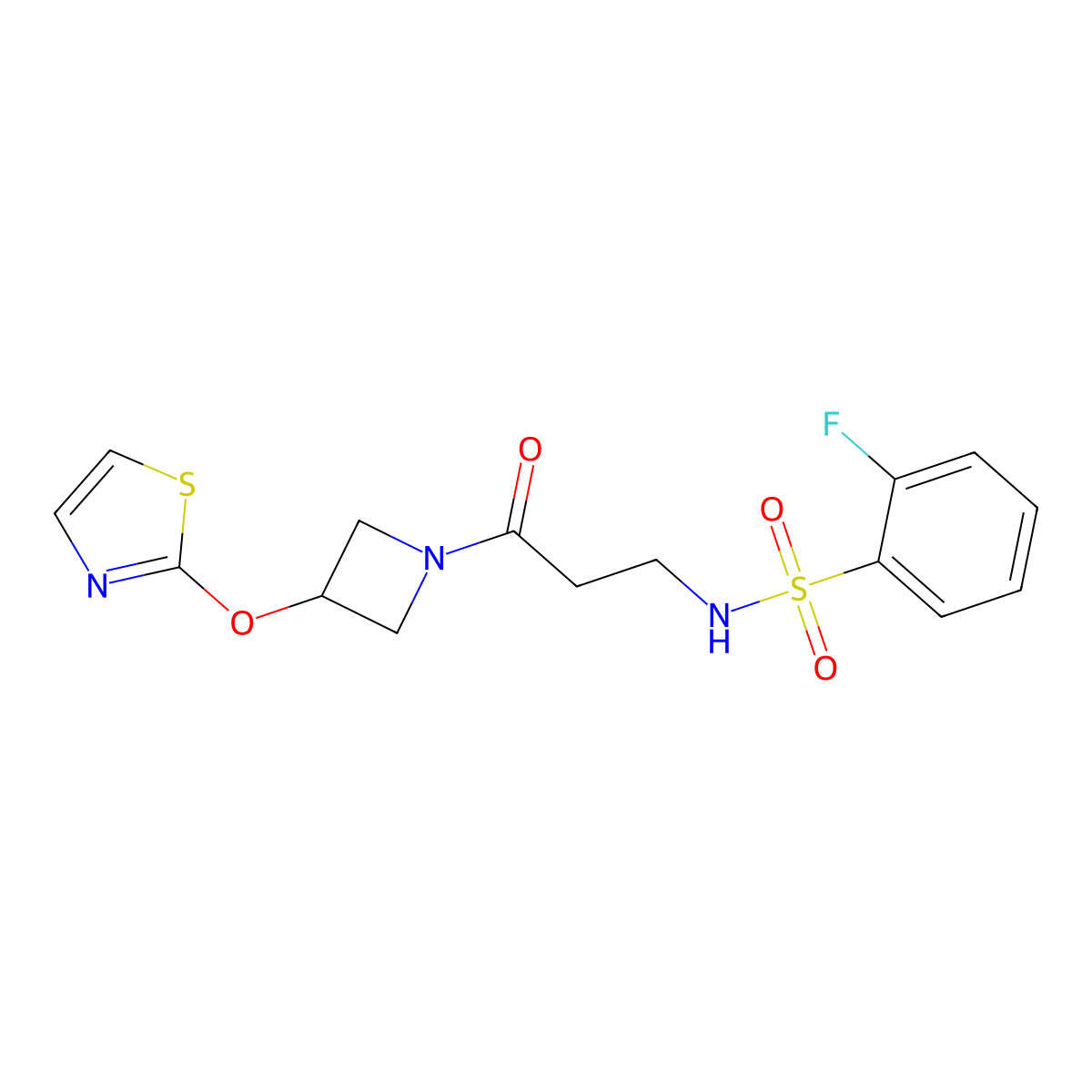 2-fluoro-N-(3-oxo-3-(3-(thiazol-2-yloxy)azetidin-1-yl)propyl)benzenesulfonamide molecular structure, CAS 1797559-72-8
