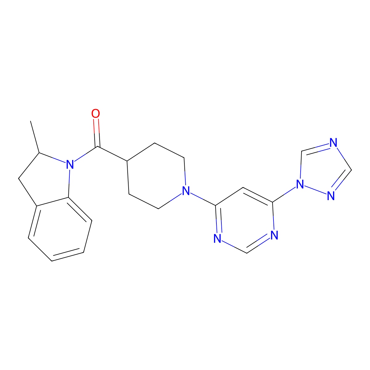 (1-(6-(1H-1,2,4-triazol-1-yl)pyrimidin-4-yl)piperidin-4-yl)(2-methylindolin-1-yl)methanone molecular structure, CAS 1797562-64-1