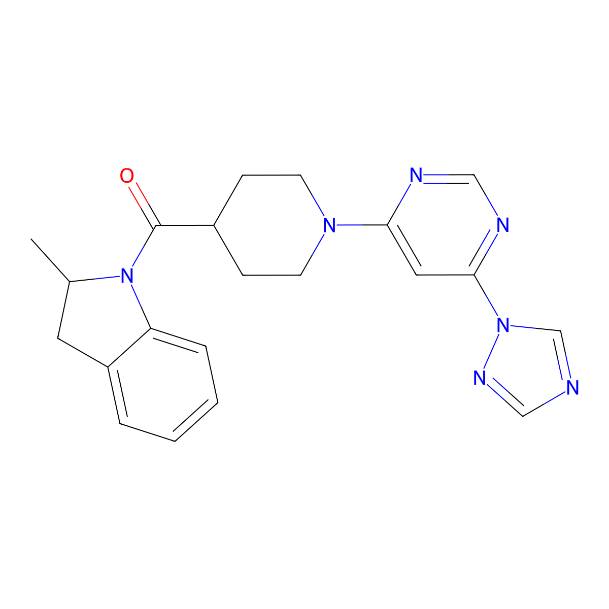 (1-(6-(1H-1,2,4-triazol-1-yl)pyrimidin-4-yl)piperidin-4-yl)(2-methylindolin-1-yl)methanone molecular structure, CAS 1797562-64-1
