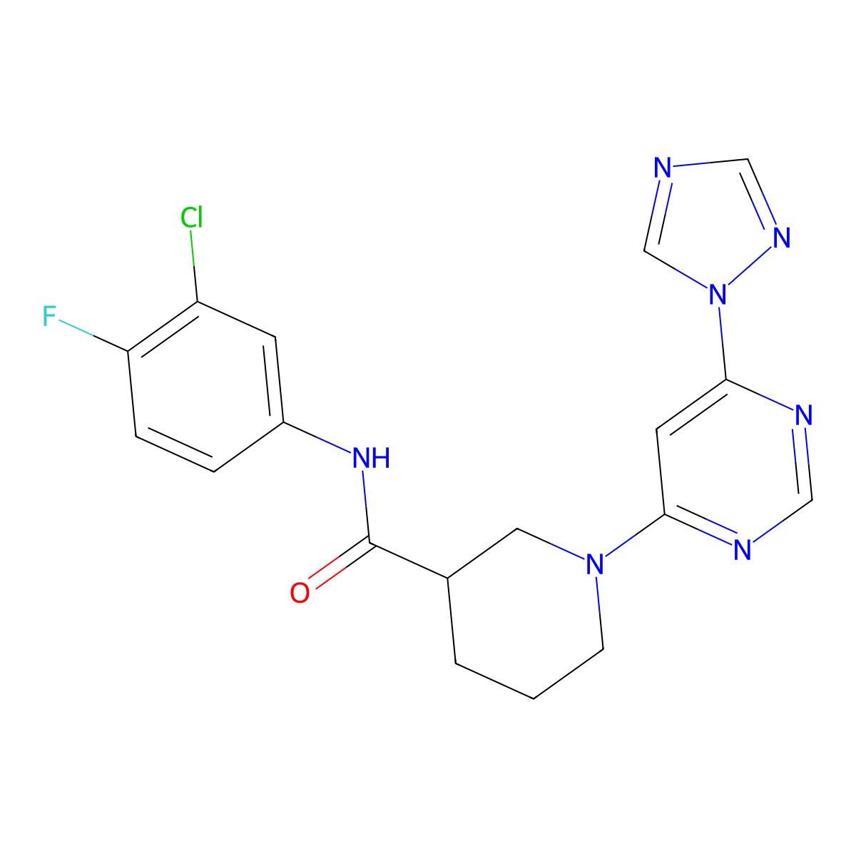1-(6-(1H-1,2,4-triazol-1-yl)pyrimidin-4-yl)-N-(3-chloro-4-fluorophenyl)piperidine-3-carboxamide molecular structure, CAS 1797563-25-7