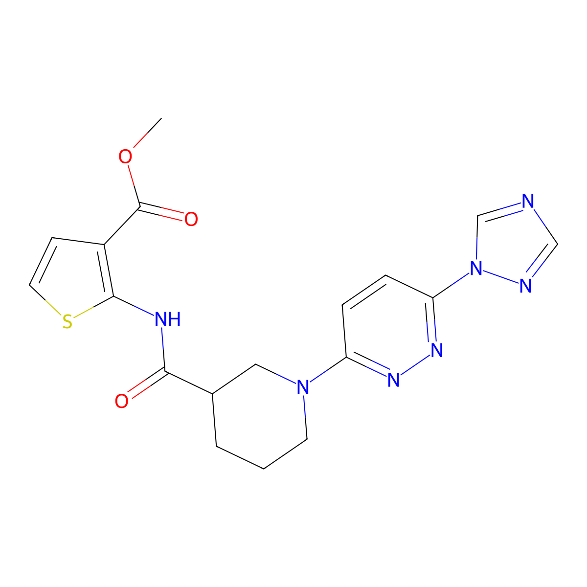 methyl 2-(1-(6-(1H-1,2,4-triazol-1-yl)pyridazin-3-yl)piperidine-3-carboxamido)thiophene-3-carboxylate molecular structure, CAS 1797563-37-1