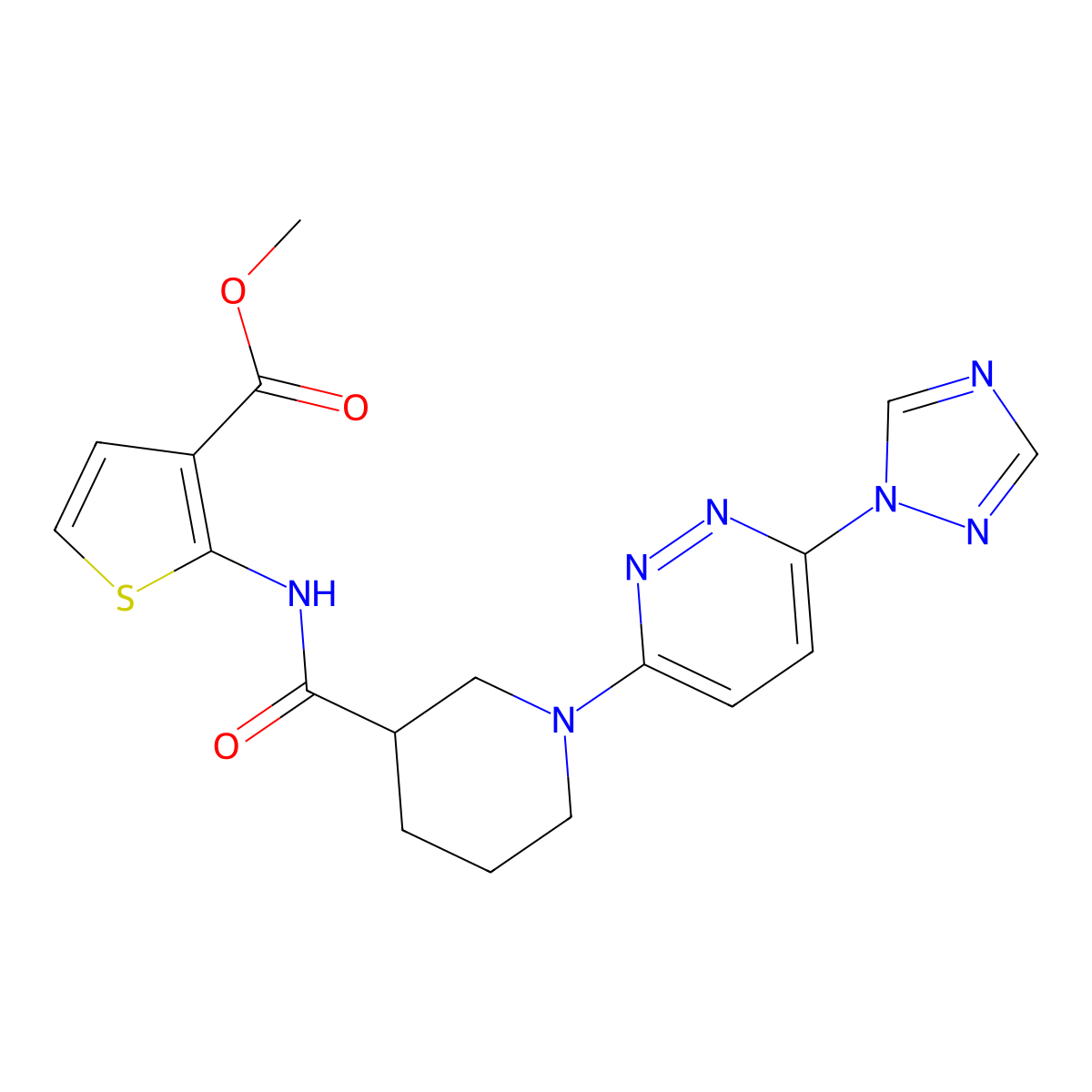 methyl 2-(1-(6-(1H-1,2,4-triazol-1-yl)pyridazin-3-yl)piperidine-3-carboxamido)thiophene-3-carboxylate molecular structure, CAS 1797563-37-1
