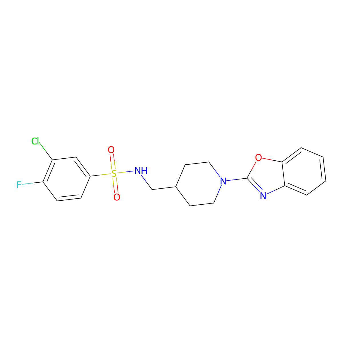 N-((1-(benzo[d]oxazol-2-yl)piperidin-4-yl)methyl)-3-chloro-4-fluorobenzenesulfonamide molecular structure, CAS 1797564-19-2