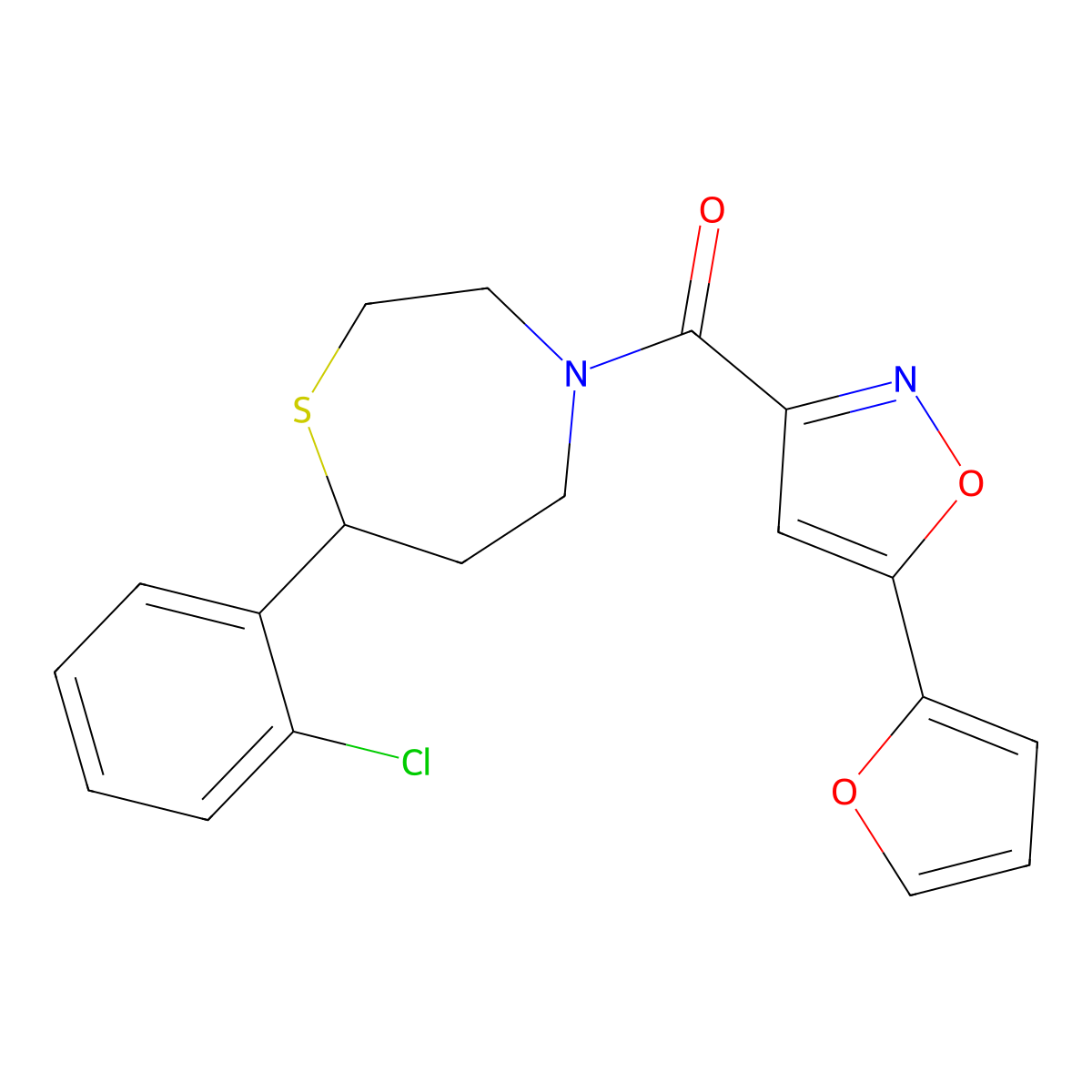 (7-(2-Chlorophenyl)-1,4-thiazepan-4-yl)(5-(furan-2-yl)isoxazol-3-yl)methanone molecular structure, CAS 1797573-18-2