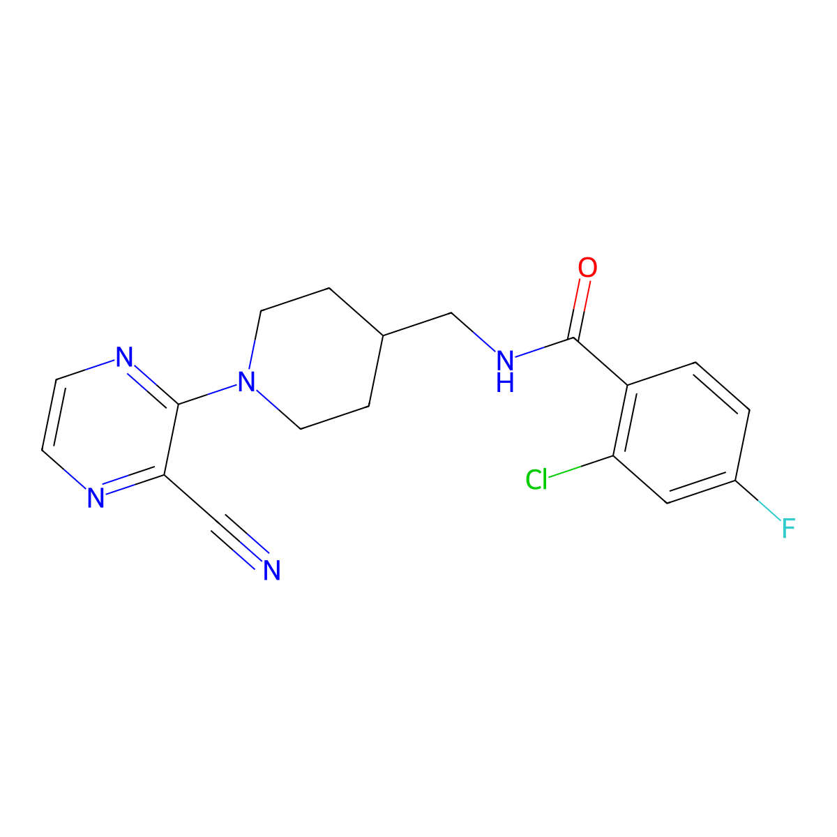 2-chloro-N-((1-(3-cyanopyrazin-2-yl)piperidin-4-yl)methyl)-4-fluorobenzamide molecular structure, CAS 1797575-78-0
