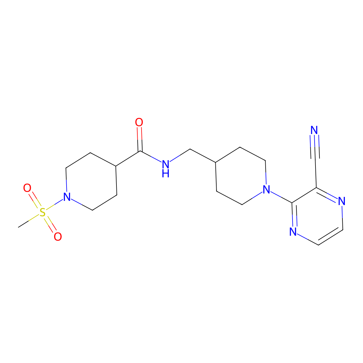 N-((1-(3-cyanopyrazin-2-yl)piperidin-4-yl)methyl)-1-(methylsulfonyl)piperidine-4-carboxamide molecular structure, CAS 1797575-92-8