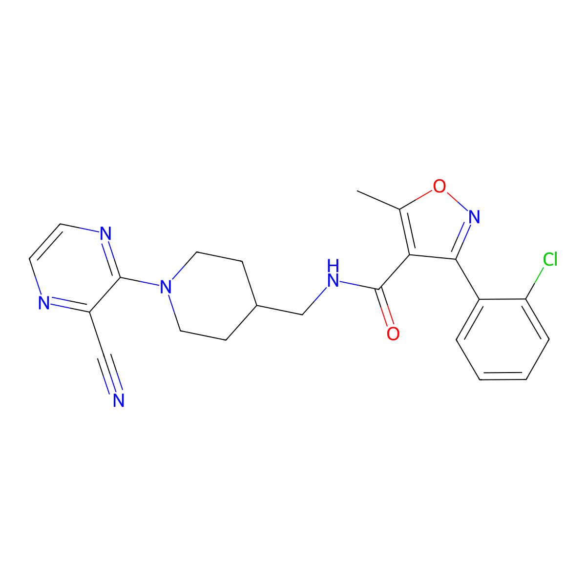 3-(2-chlorophenyl)-N-((1-(3-cyanopyrazin-2-yl)piperidin-4-yl)methyl)-5-methylisoxazole-4-carboxamide molecular structure, CAS 1797576-00-1