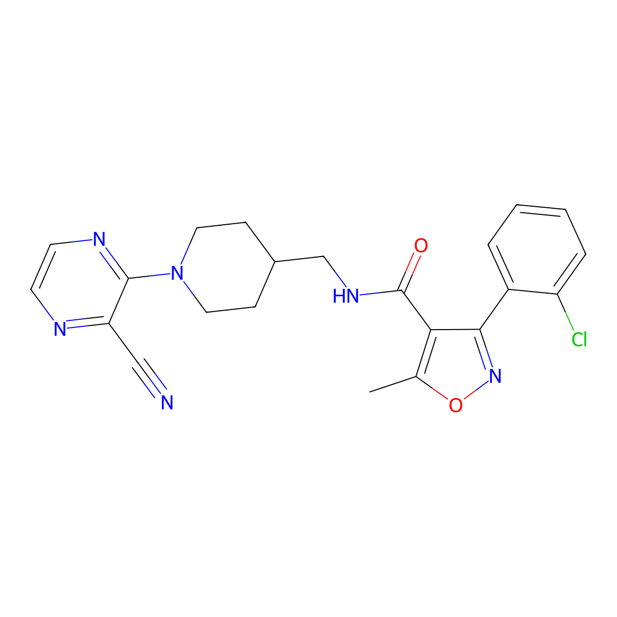 3-(2-chlorophenyl)-N-((1-(3-cyanopyrazin-2-yl)piperidin-4-yl)methyl)-5-methylisoxazole-4-carboxamide molecular structure, CAS 1797576-00-1