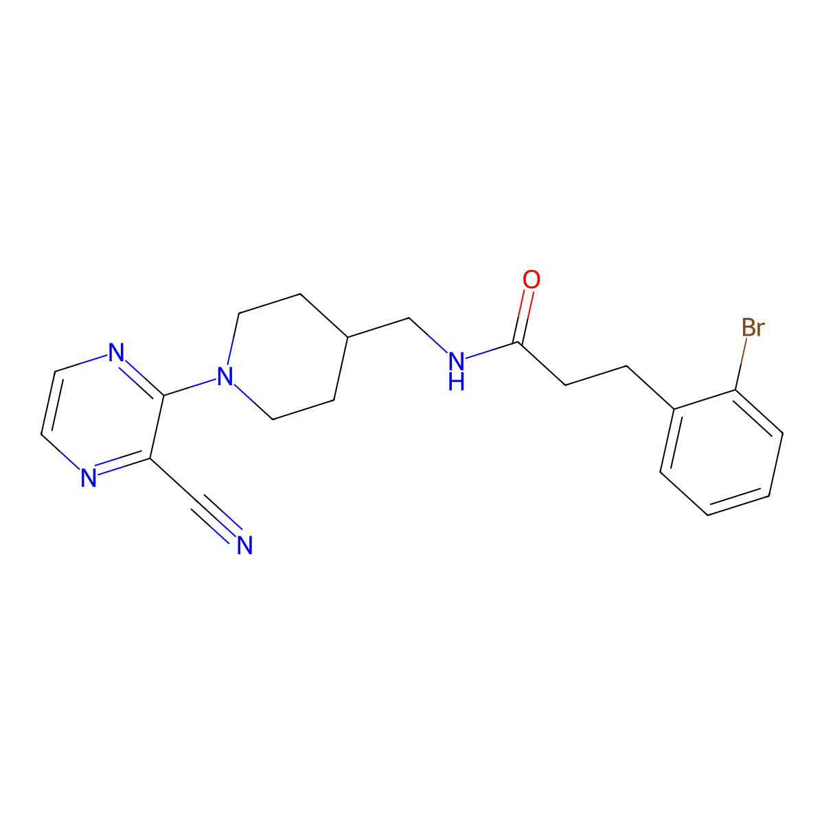 3-(2-bromophenyl)-N-((1-(3-cyanopyrazin-2-yl)piperidin-4-yl)methyl)propanamide molecular structure, CAS 1797576-14-7
