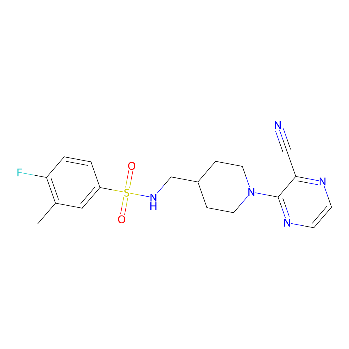 N-((1-(3-cyanopyrazin-2-yl)piperidin-4-yl)methyl)-4-fluoro-3-methylbenzenesulfonamide molecular structure, CAS 1797576-34-1
