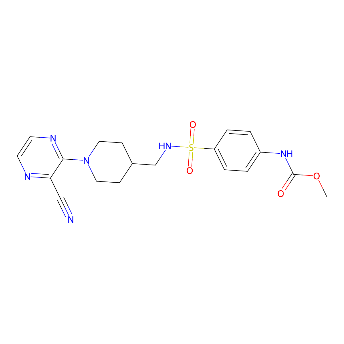 methyl (4-(N-((1-(3-cyanopyrazin-2-yl)piperidin-4-yl)methyl)sulfamoyl)phenyl)carbamate molecular structure, CAS 1797576-72-7