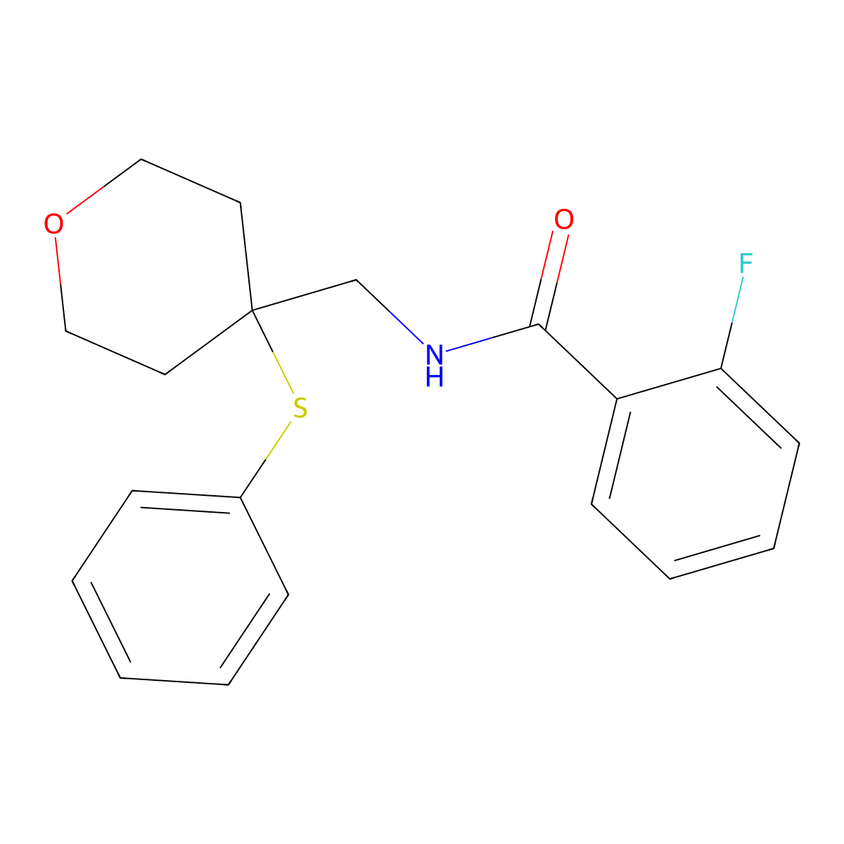 2-fluoro-N-((4-(phenylthio)tetrahydro-2H-pyran-4-yl)methyl)benzamide molecular structure, CAS 1797577-27-5